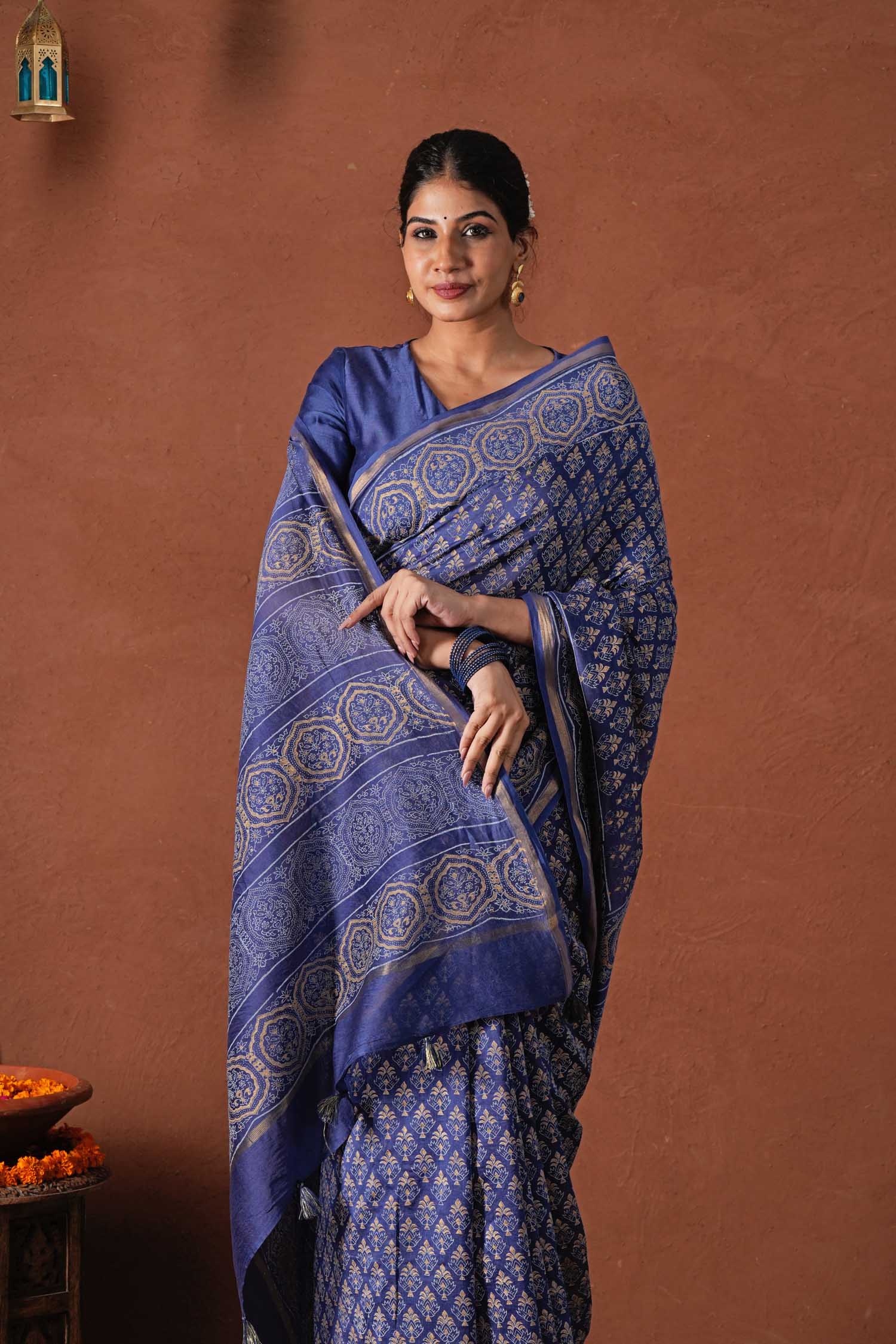 Celestial Blue - Hand Block Printed Chanderi Silk Saree - SootiSyahi