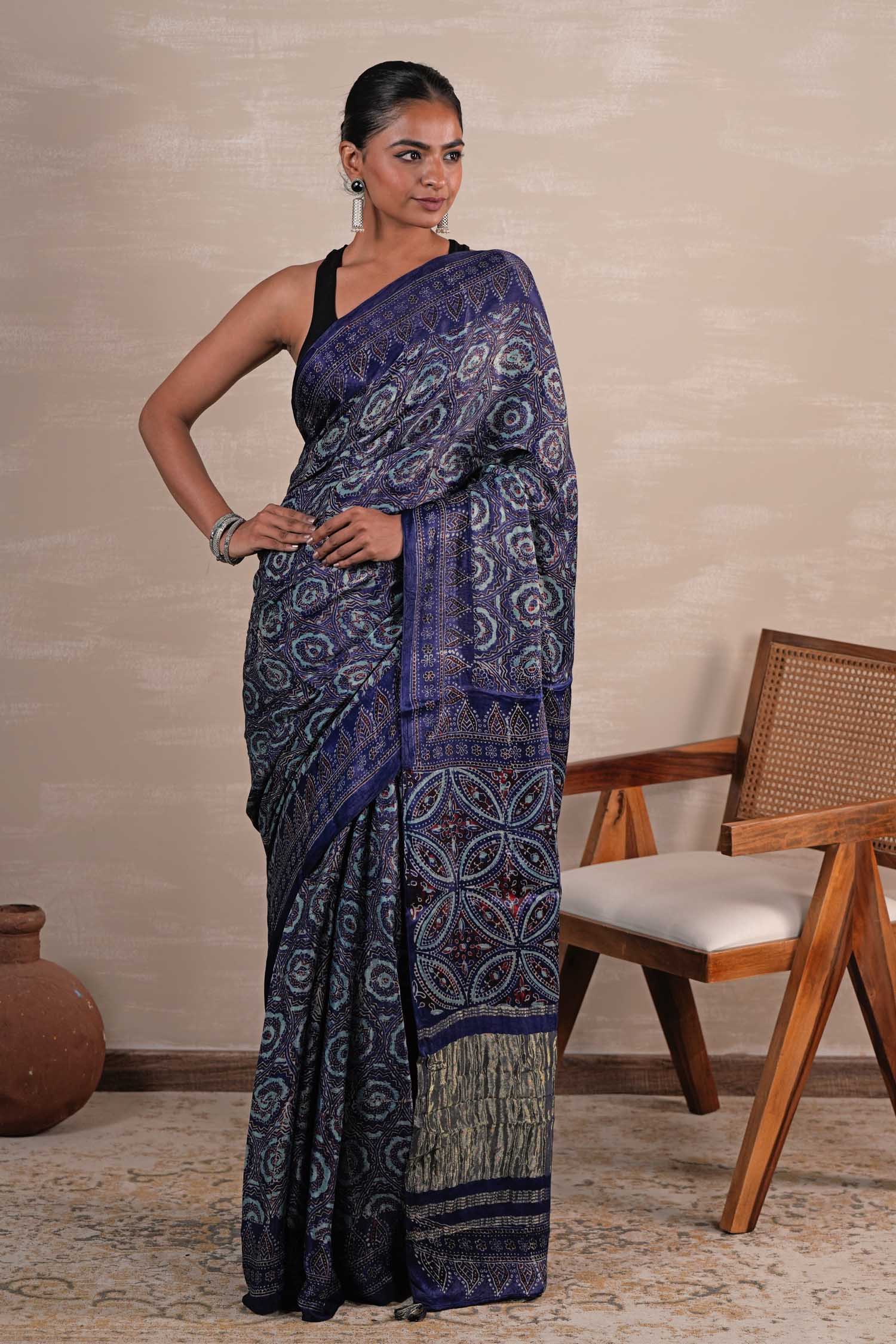 Celestial Cascade Hand Block Printed Modal Tissue Saree - SootiSyahi