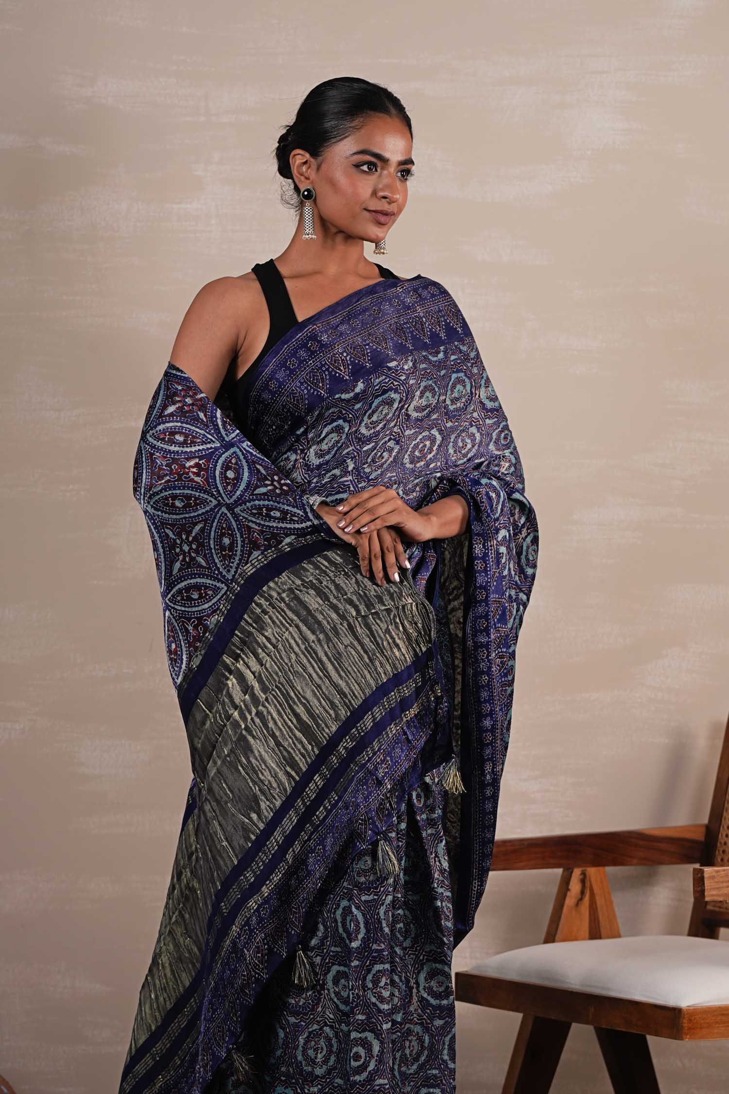 Celestial Cascade Hand Block Printed Modal Tissue Saree - SootiSyahi