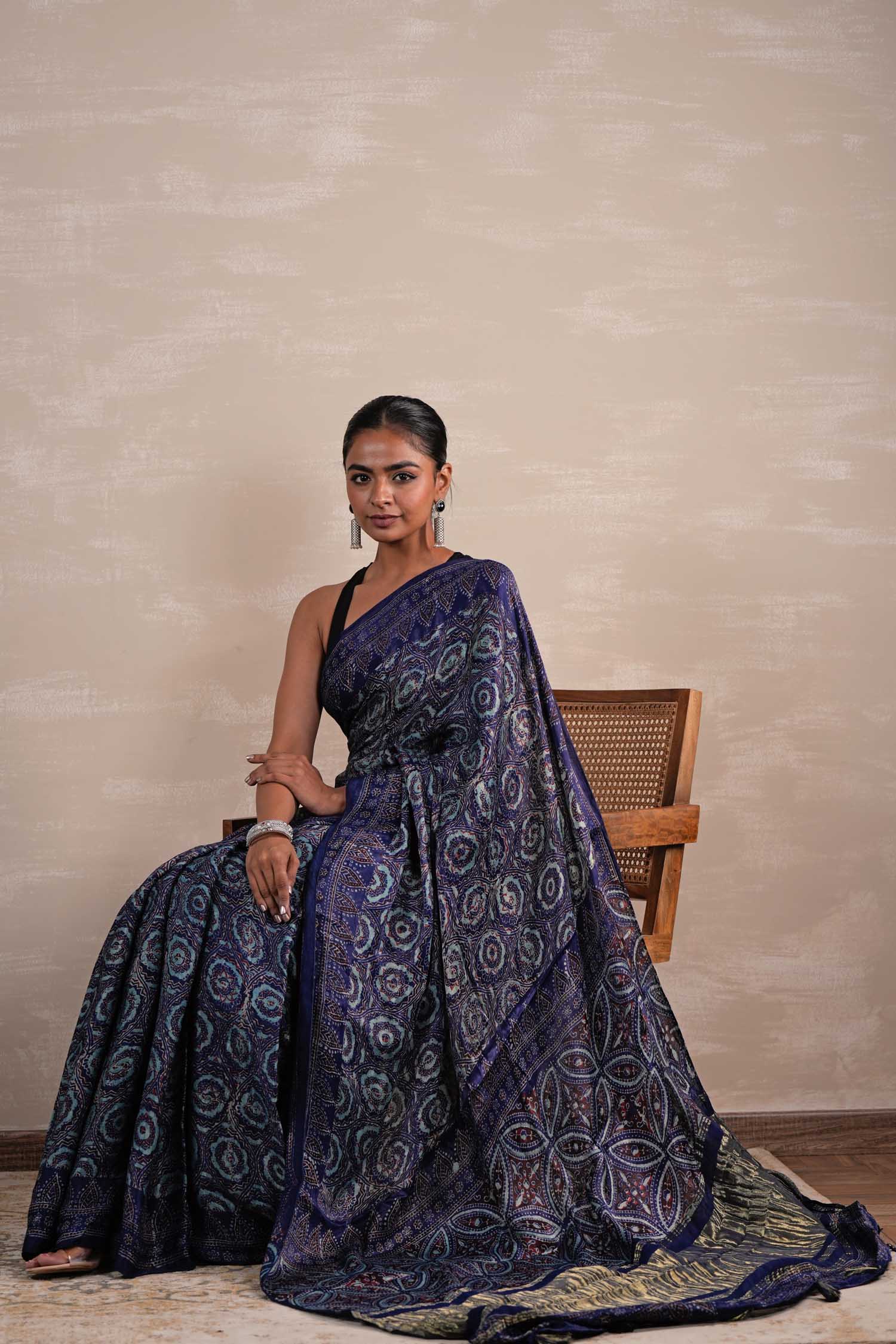 Celestial Cascade Hand Block Printed Modal Tissue Saree - SootiSyahi