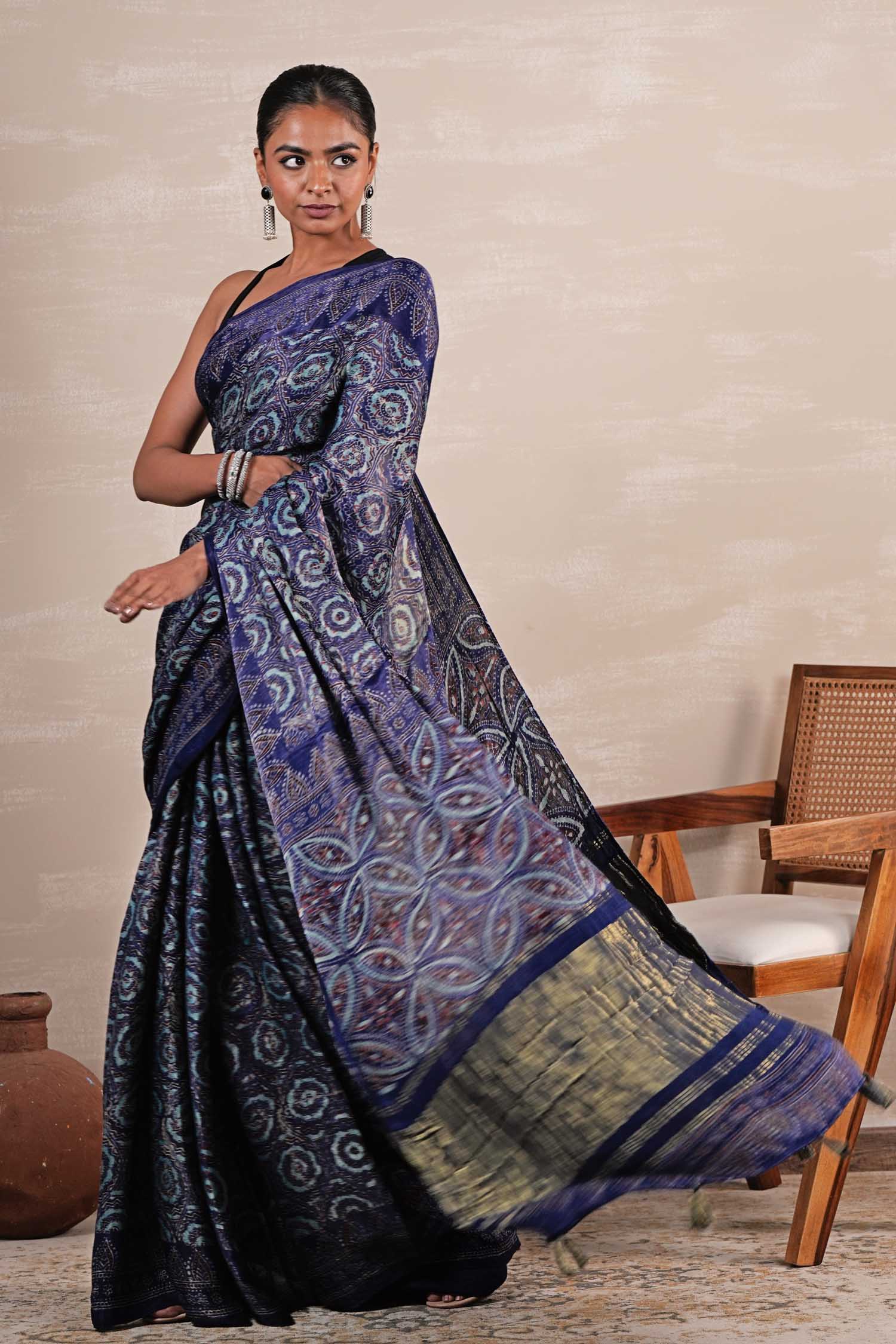 Hand Block Printed Ajrakh Modal Tissue Silk Saree Celestial Cascade Sooti Syahi