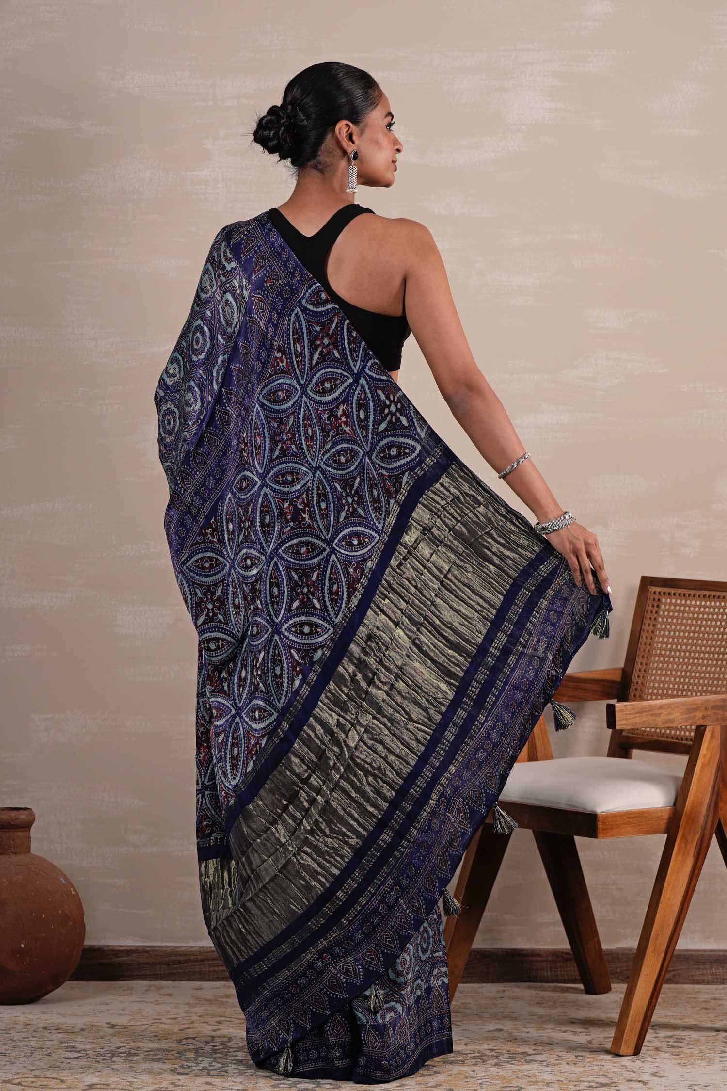 Celestial Cascade Hand Block Printed Modal Tissue Saree - SootiSyahi