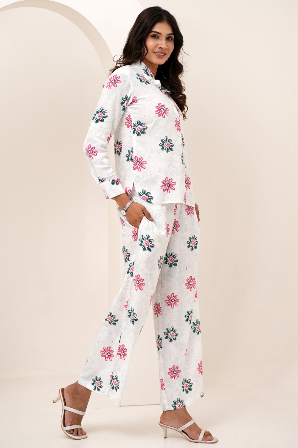 Floral Bloom Duo Hand Block Printed Modal Silk Co - Ord Set - SootiSyahi