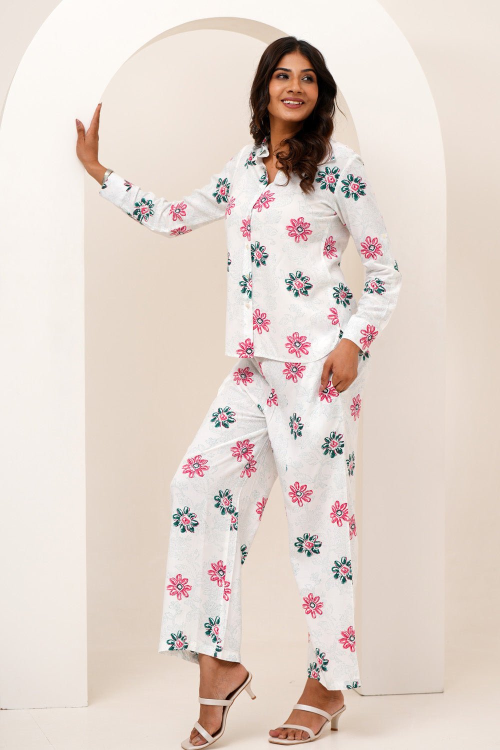 Floral Bloom Duo Hand Block Printed Modal Silk Co - Ord Set - SootiSyahi