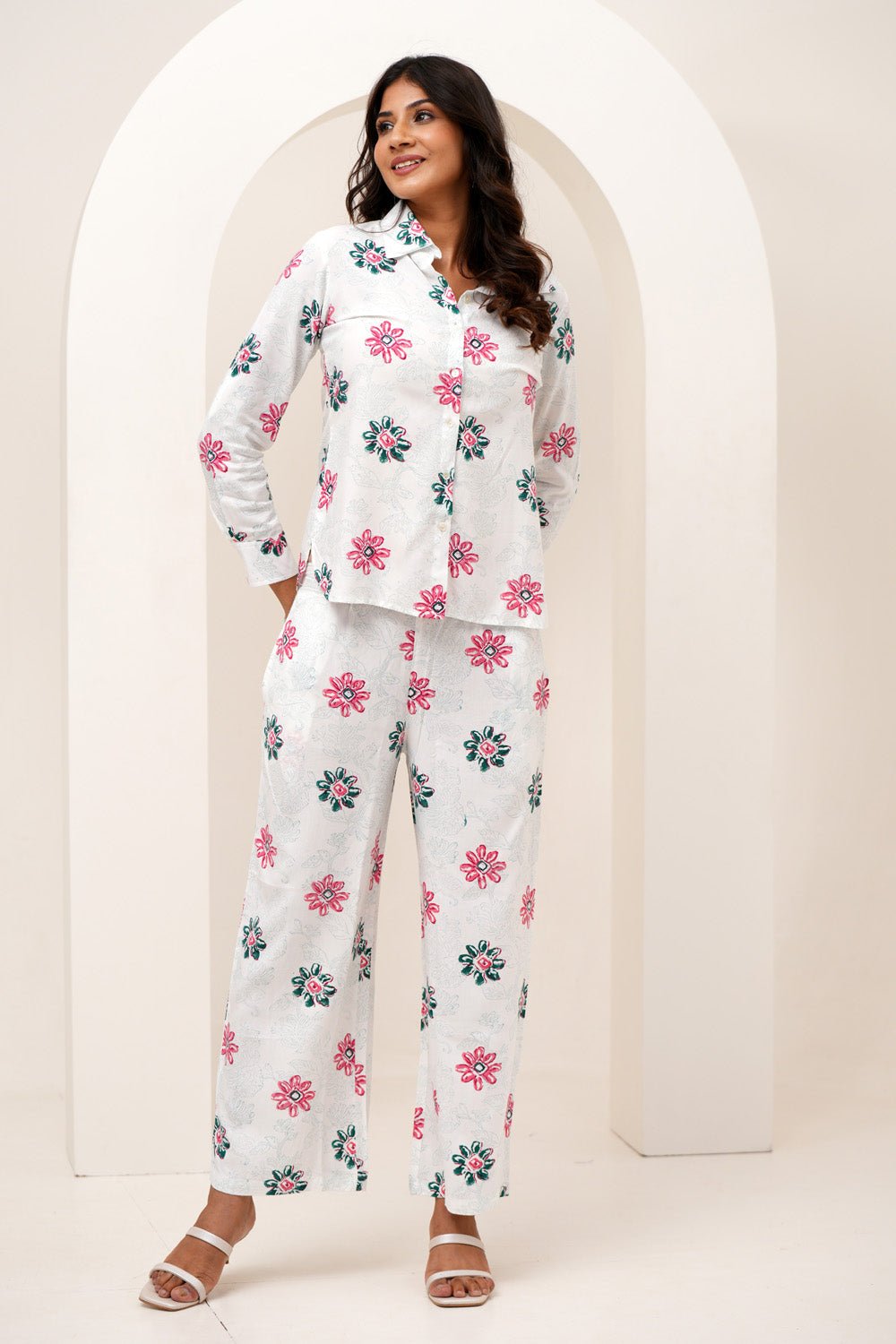 Floral Bloom Duo Hand Block Printed Modal Silk Co - Ord Set - SootiSyahi