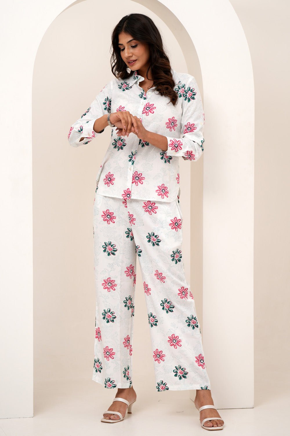 Floral Bloom Duo Hand Block Printed Modal Silk Co - Ord Set - SootiSyahi