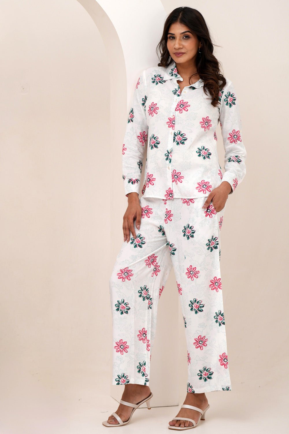 Floral Bloom Duo Hand Block Printed Modal Silk Co - Ord Set - SootiSyahi