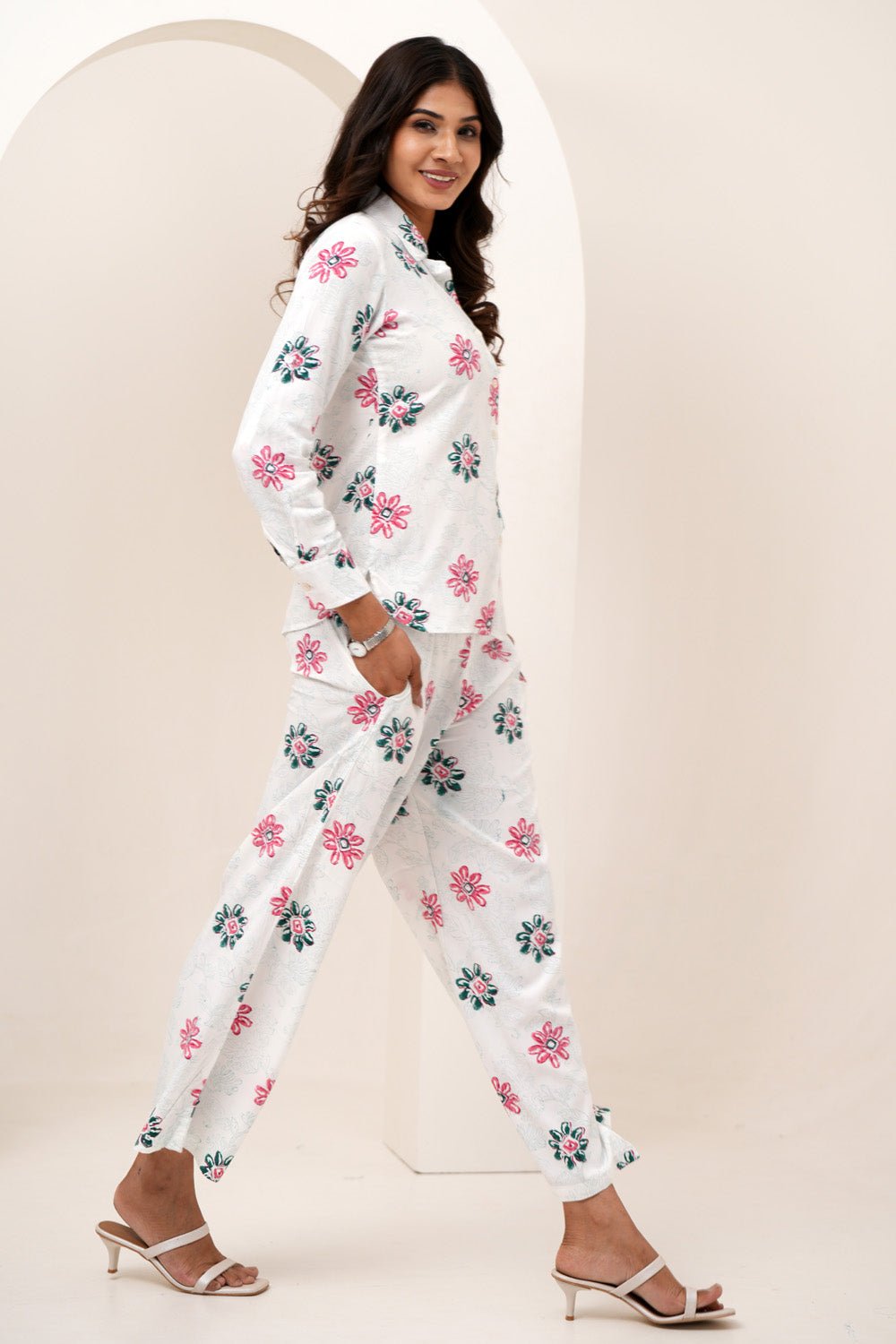 Floral Bloom Duo Hand Block Printed Modal Silk Co - Ord Set - SootiSyahi