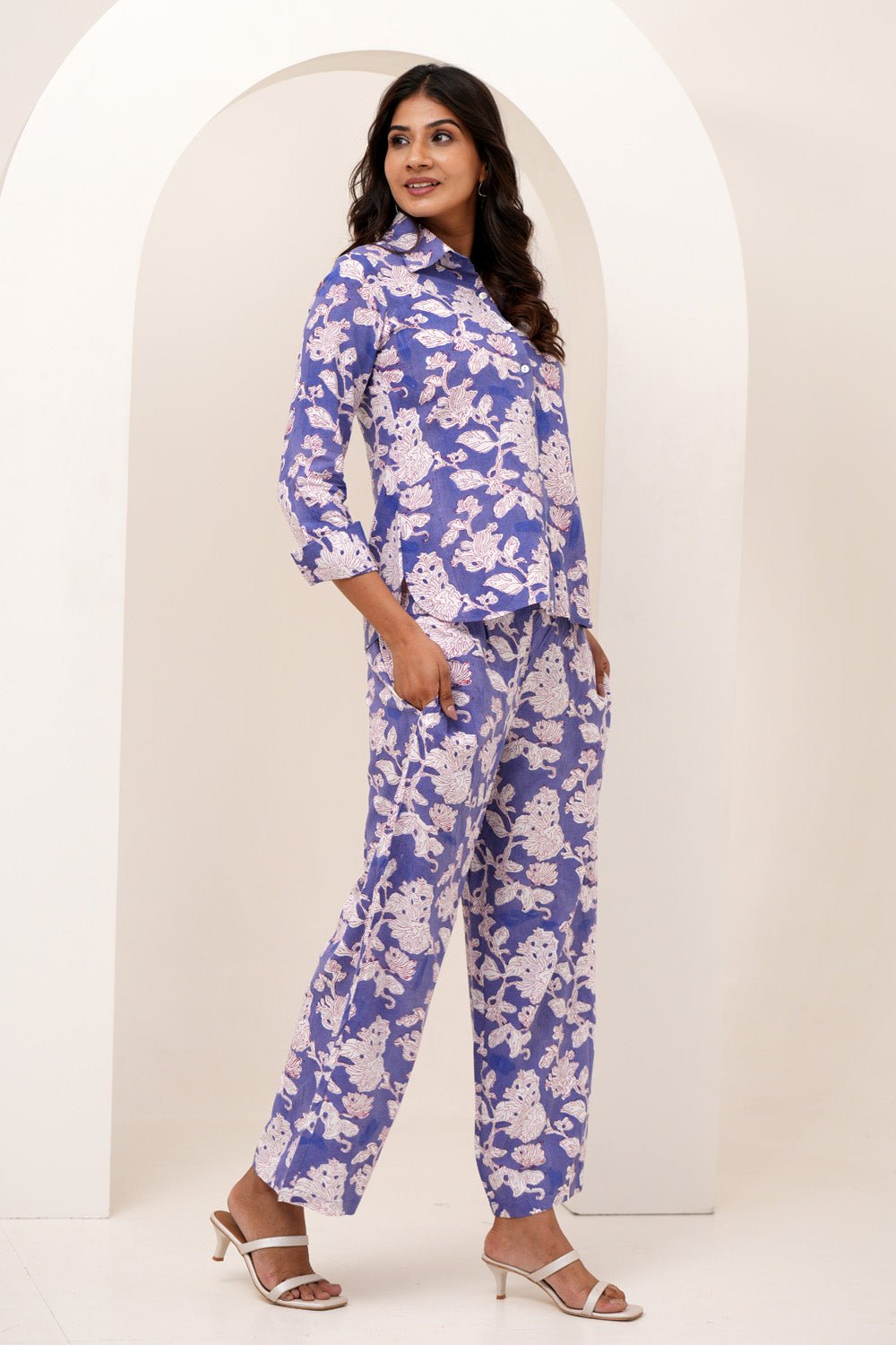 Floral Fantasy Hand Block Printed Modal Silk Co - Ord Set - SootiSyahi