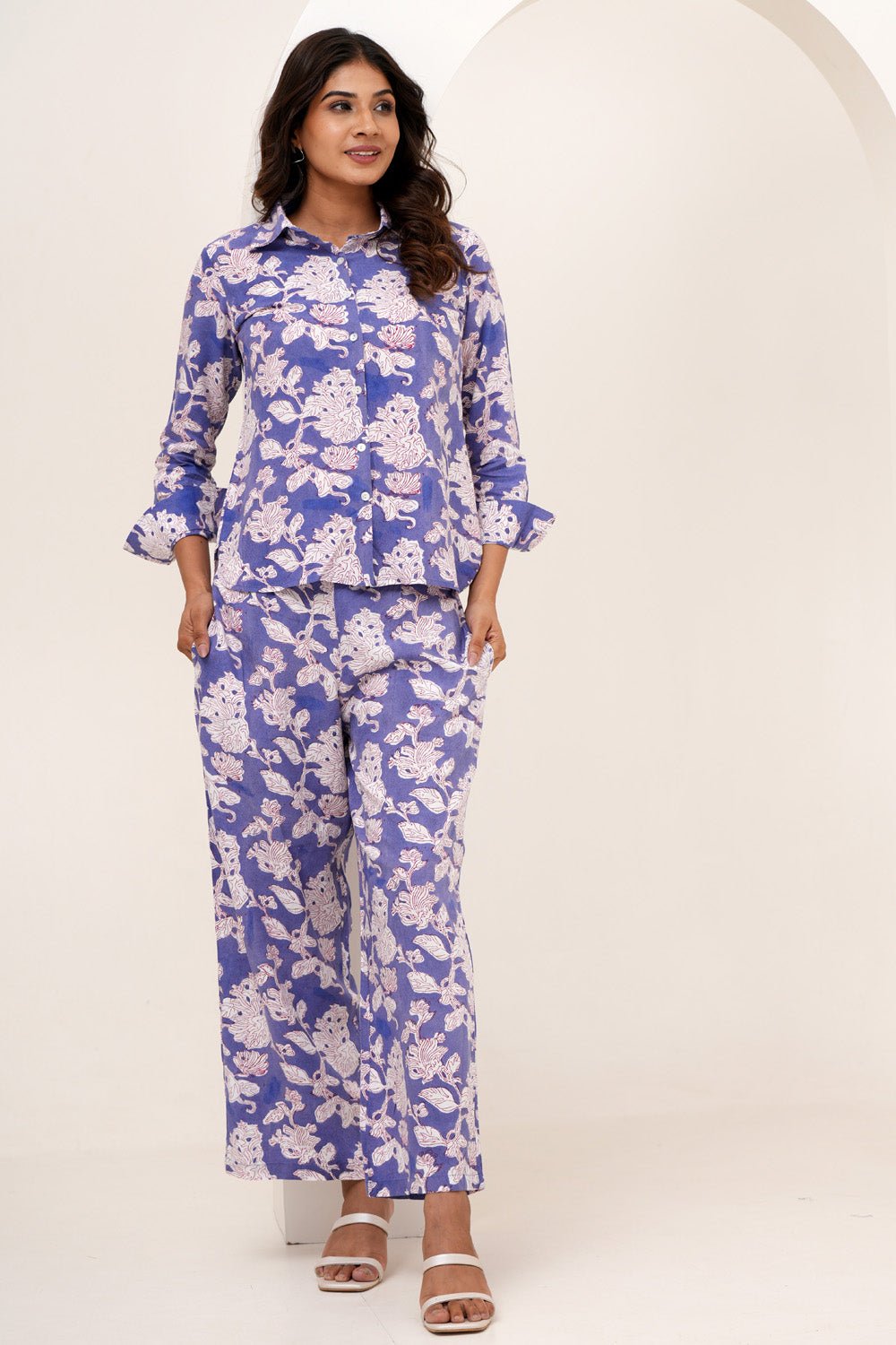 Floral Fantasy Hand Block Printed Modal Silk Co - Ord Set - SootiSyahi