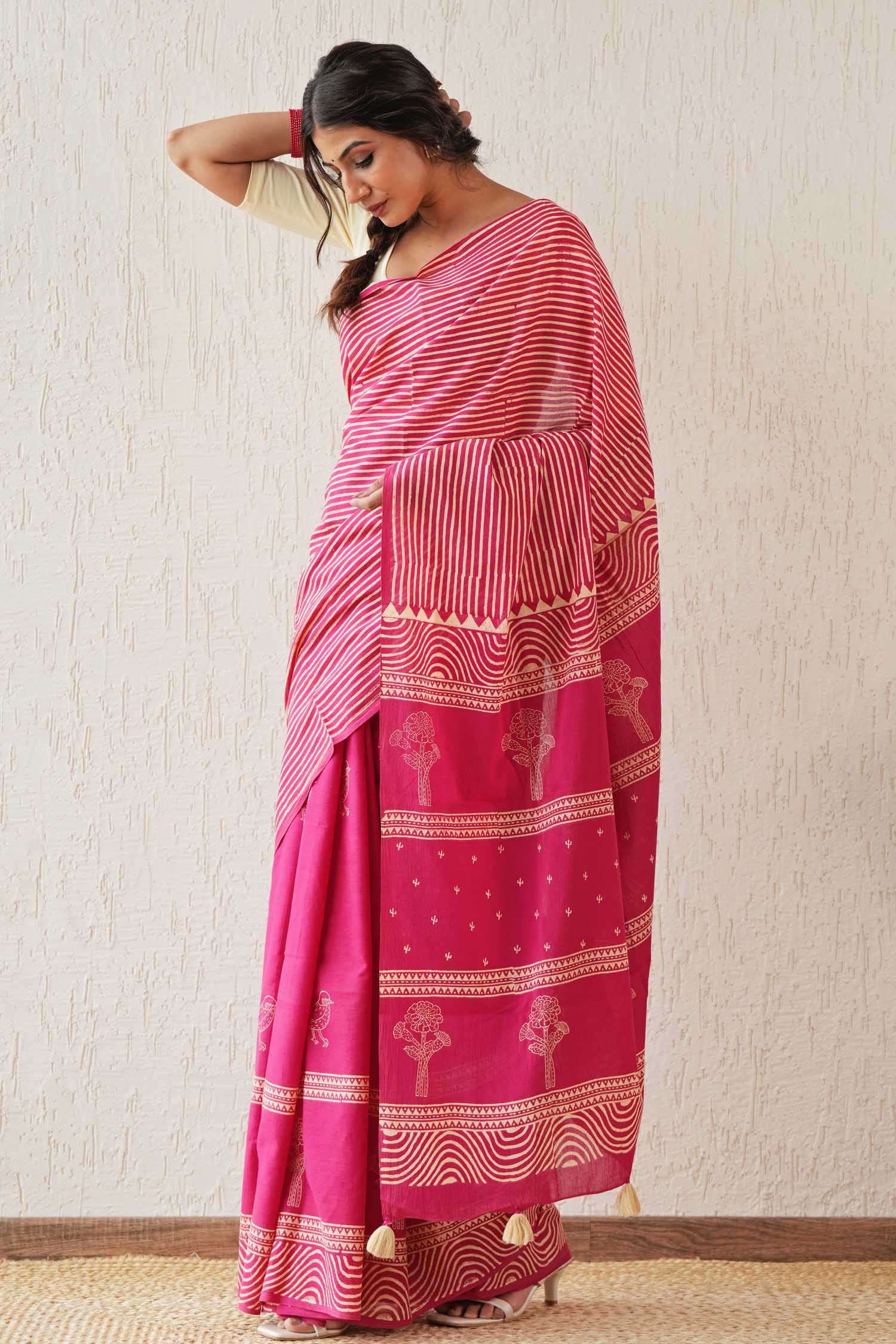 Gilded Folklore - Hand Block Mul Cotton Saree - SootiSyahi