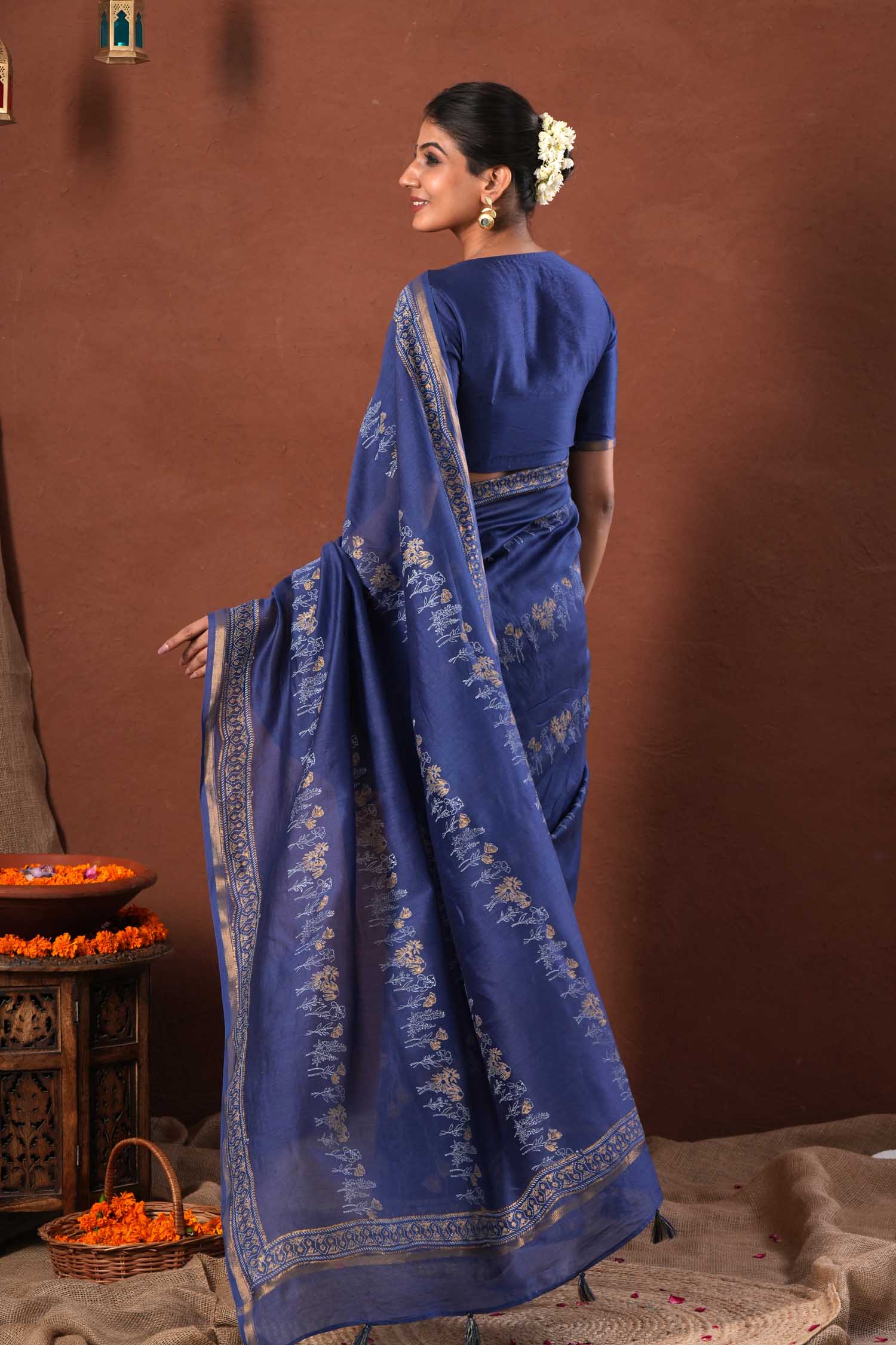 Golden Azure - Hand Block Printed Chanderi Silk Saree - SootiSyahi