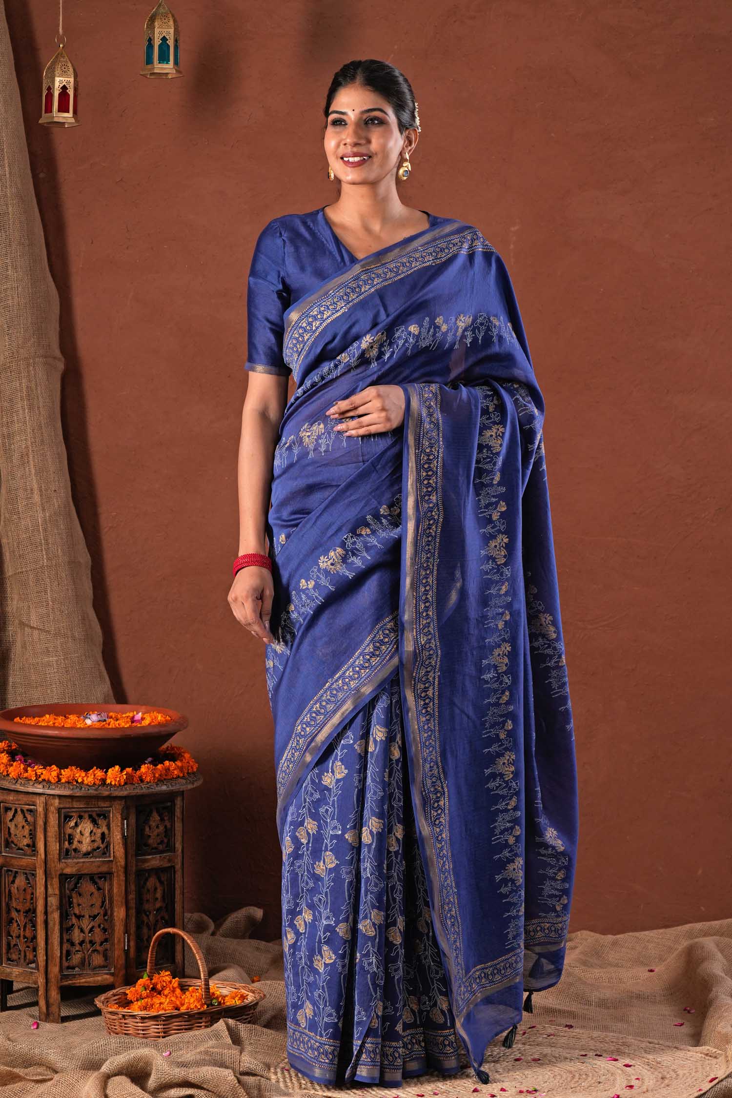 Golden Azure - Hand Block Printed Chanderi Silk Saree - SootiSyahi