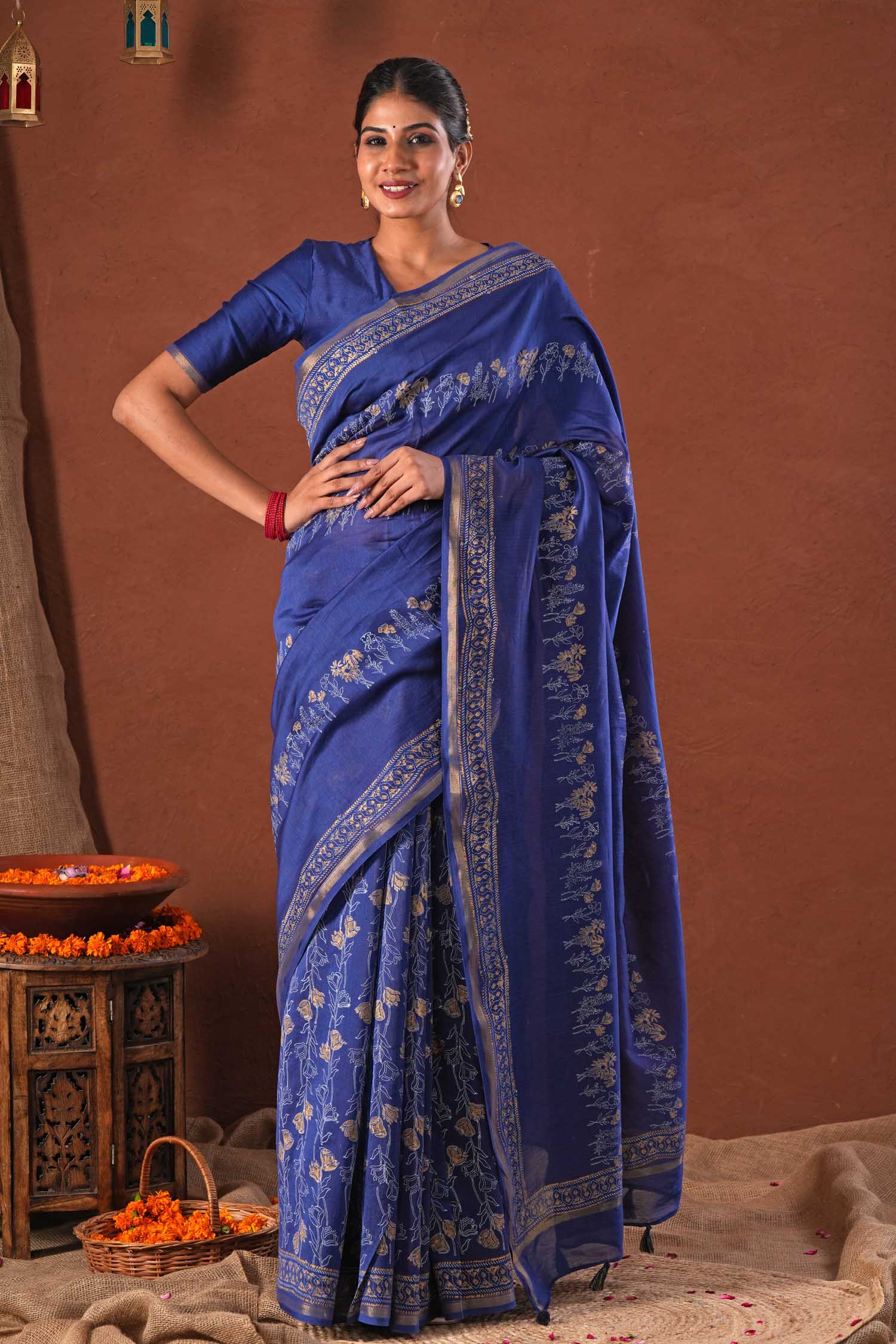 Golden Azure - Hand Block Printed Chanderi Silk Saree - SootiSyahi