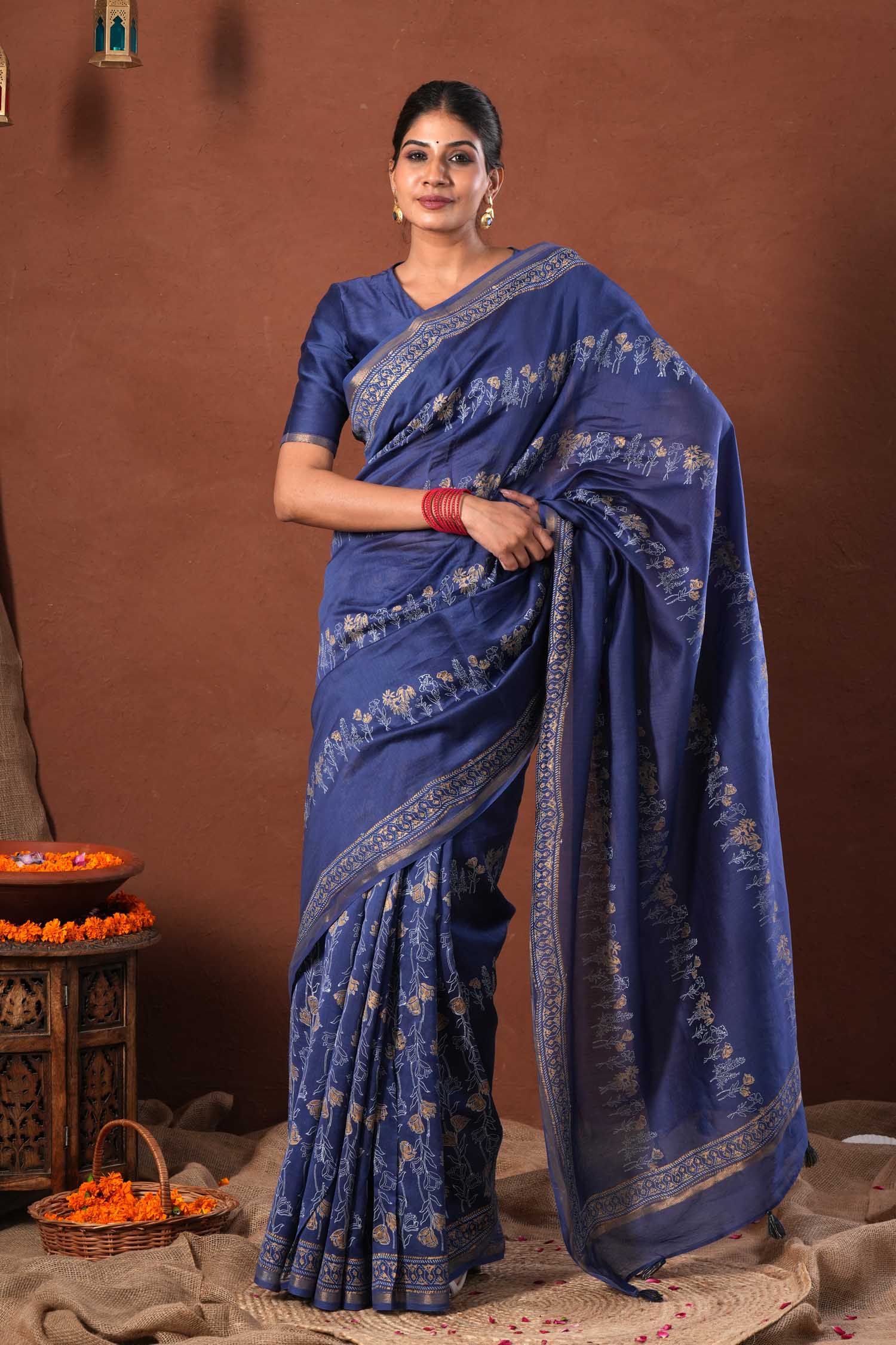 Golden Azure - Hand Block Printed Chanderi Silk Saree - SootiSyahi