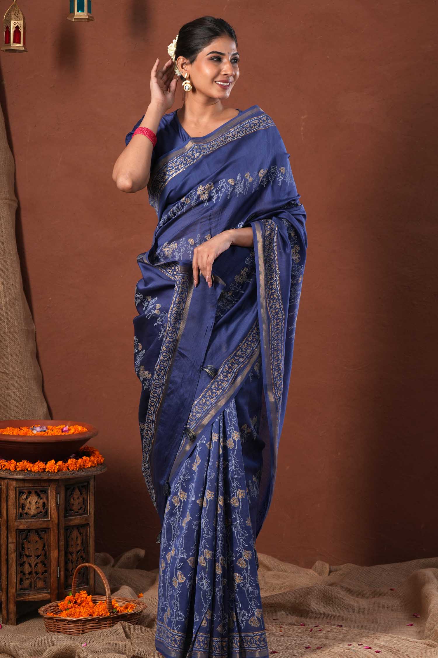 Golden Azure - Hand Block Printed Chanderi Silk Saree - SootiSyahi