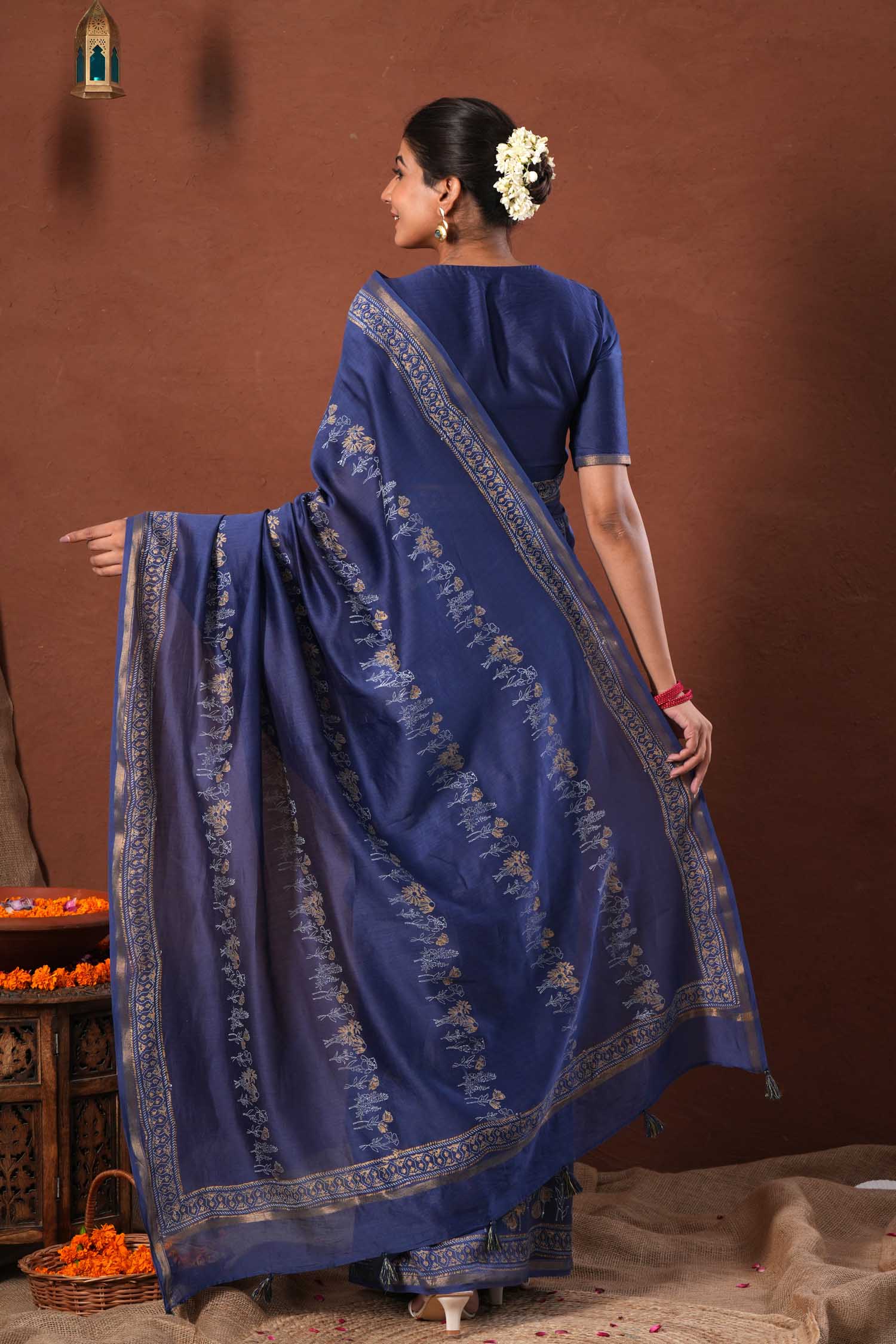 Golden Azure - Hand Block Printed Chanderi Silk Saree - SootiSyahi