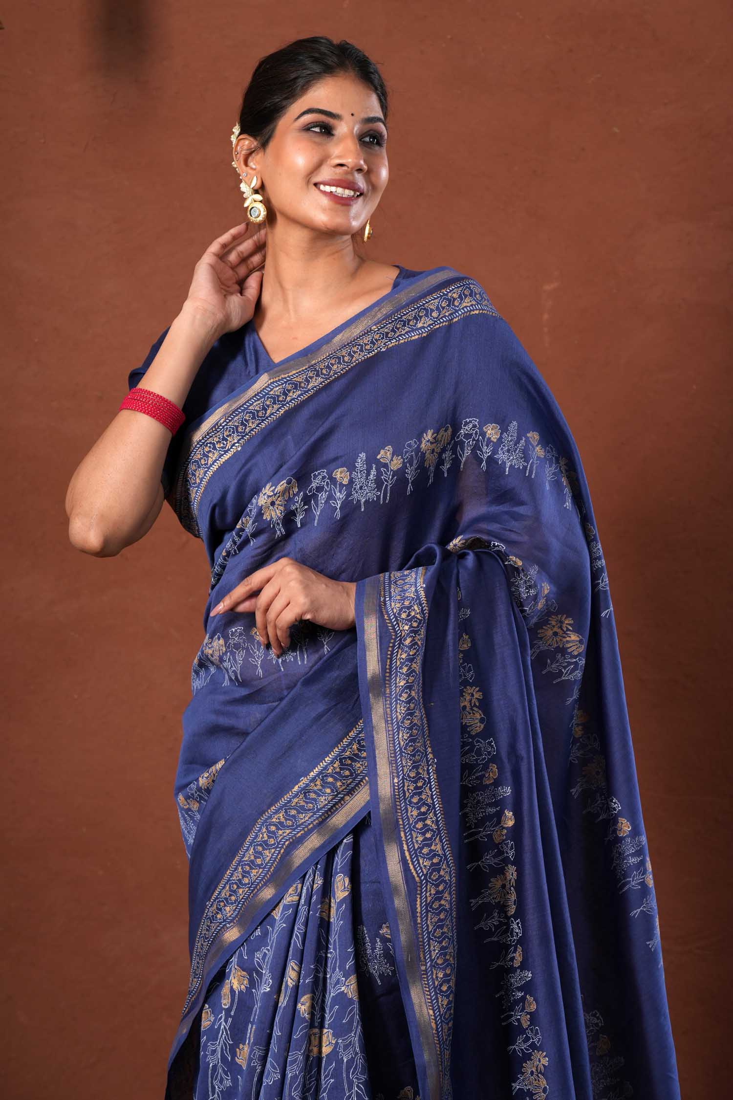 Golden Azure - Hand Block Printed Chanderi Silk Saree - SootiSyahi