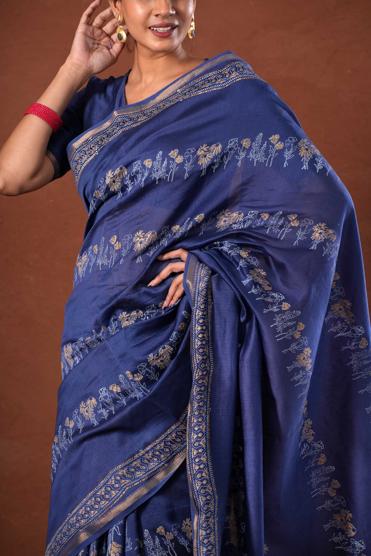 Golden Azure - Hand Block Printed Chanderi Silk Saree - SootiSyahi