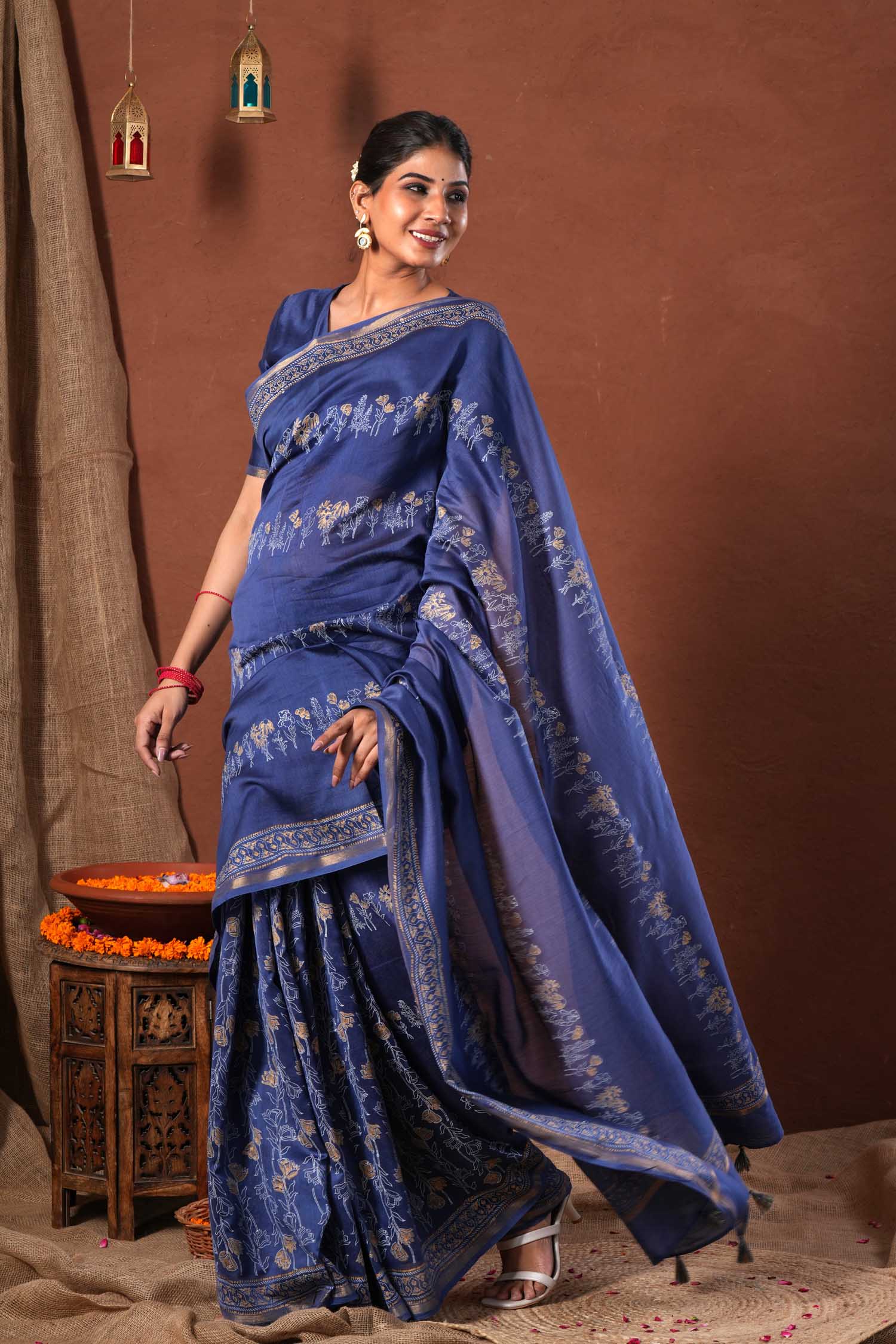 Golden Azure - Hand Block Printed Chanderi Silk Saree - SootiSyahi