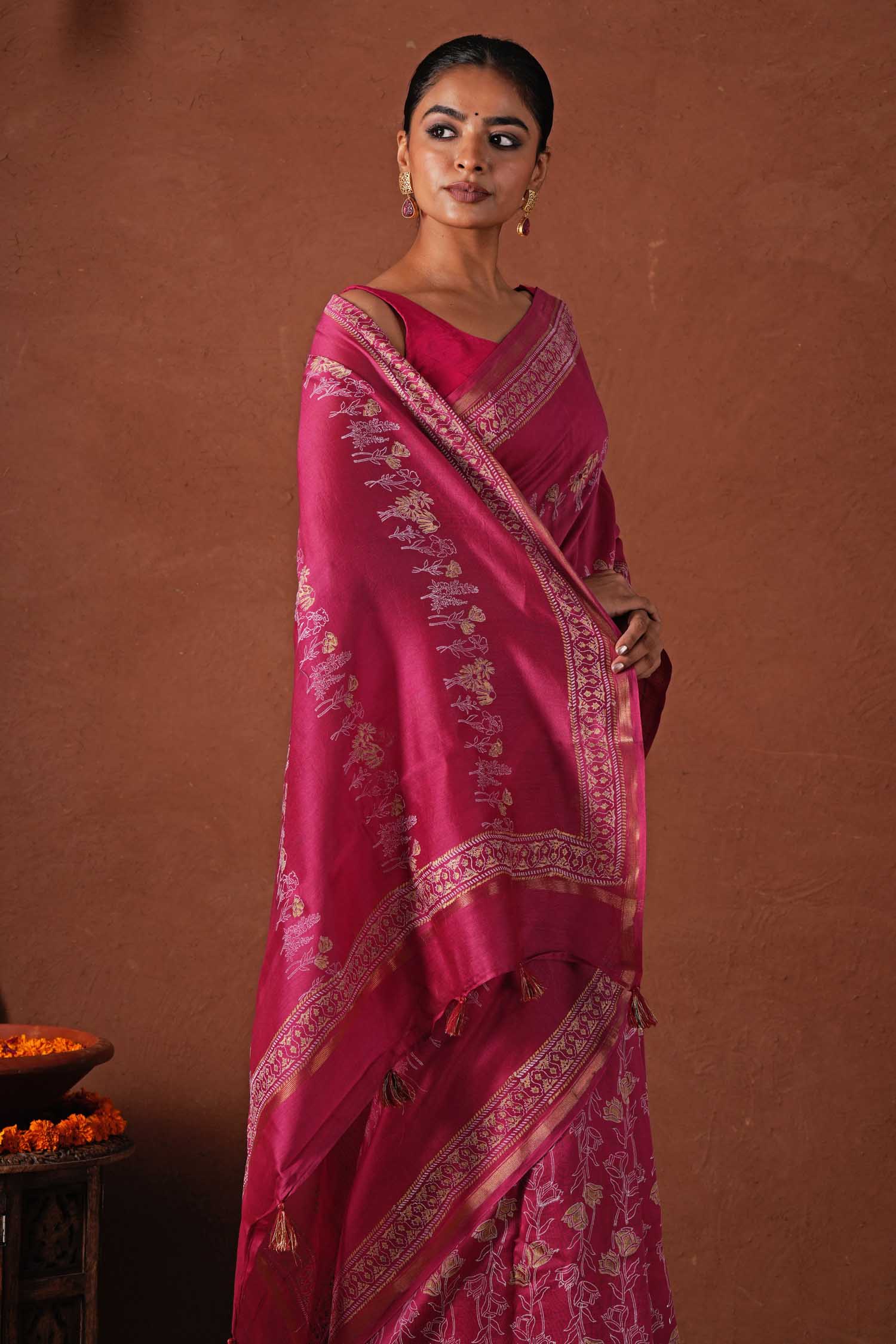 Golden Dawn - Hand Block Printed Chanderi Silk Saree - SootiSyahi