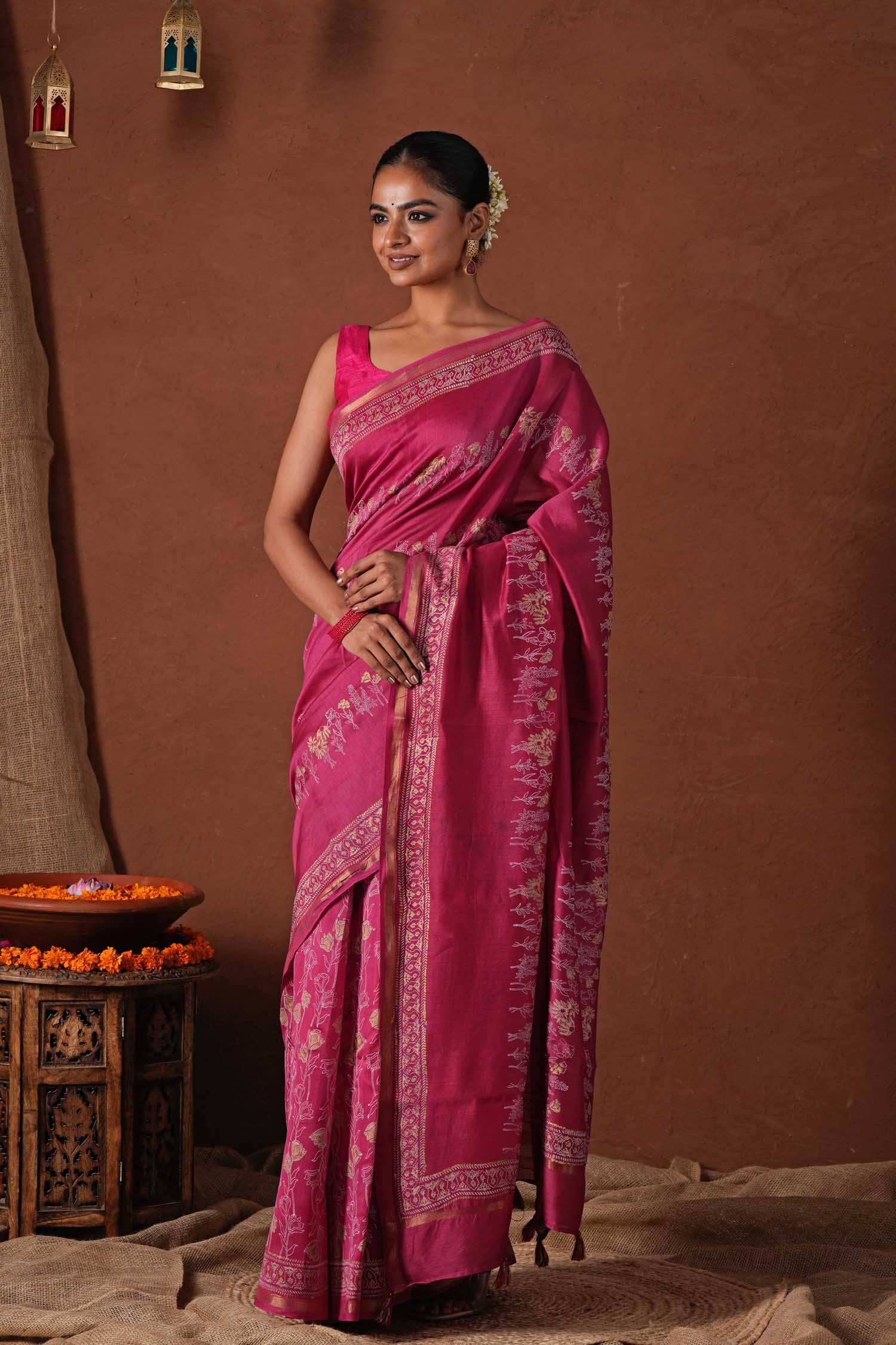 Golden Dawn - Hand Block Printed Chanderi Silk Saree - SootiSyahi