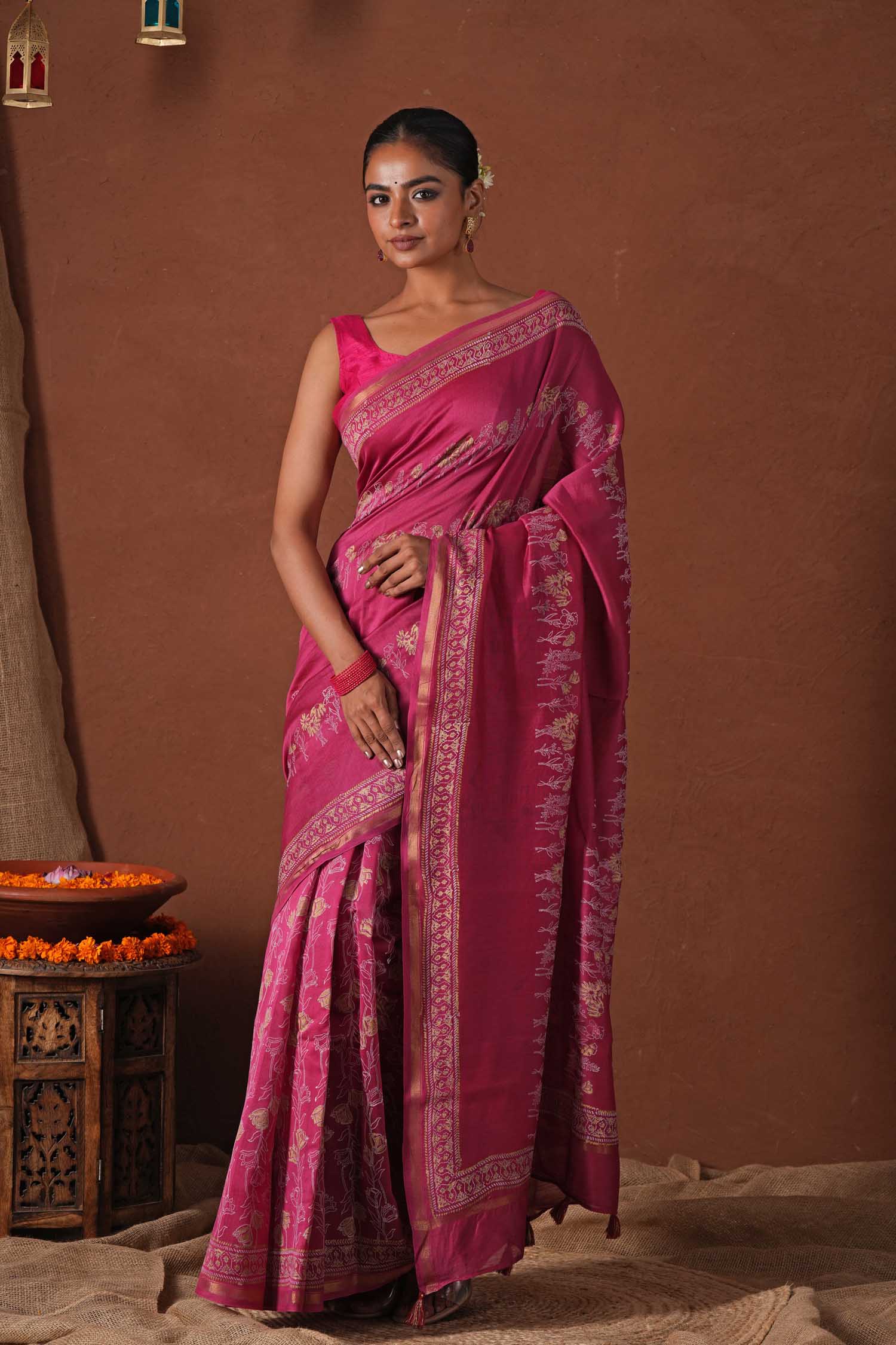 Golden Dawn - Hand Block Printed Chanderi Silk Saree - SootiSyahi