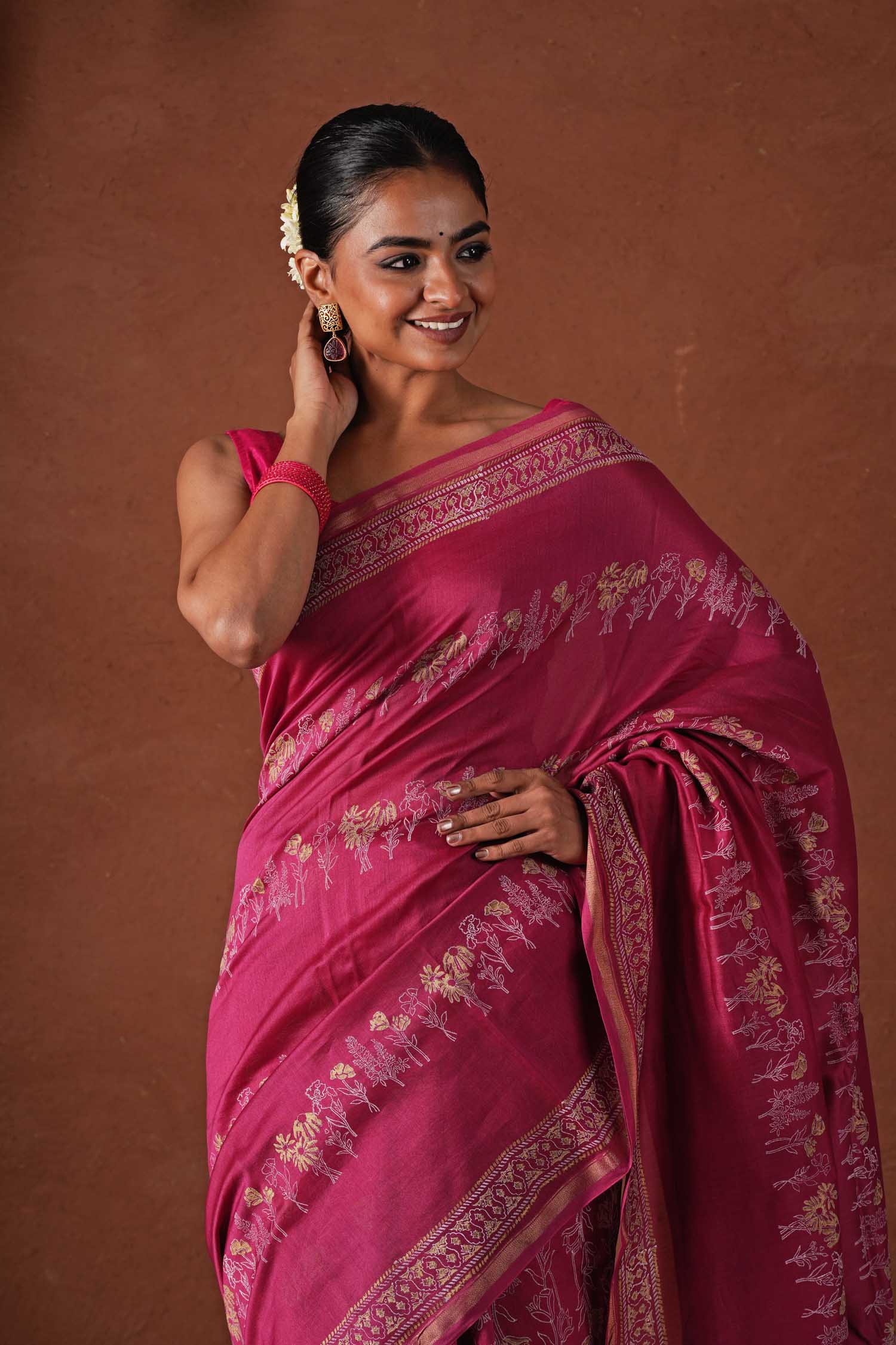 Golden Dawn - Hand Block Printed Chanderi Silk Saree - SootiSyahi