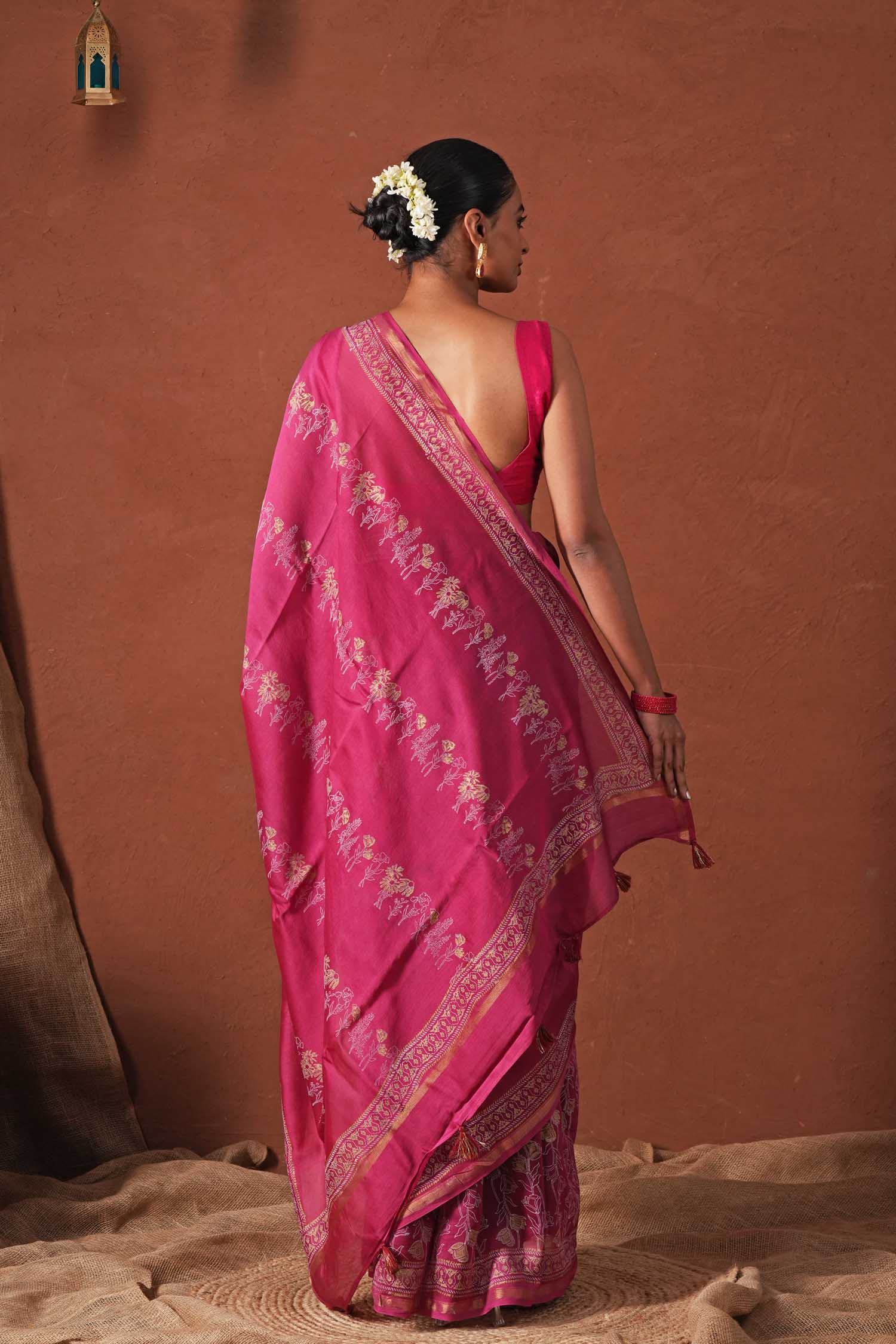 Golden Dawn - Hand Block Printed Chanderi Silk Saree - SootiSyahi