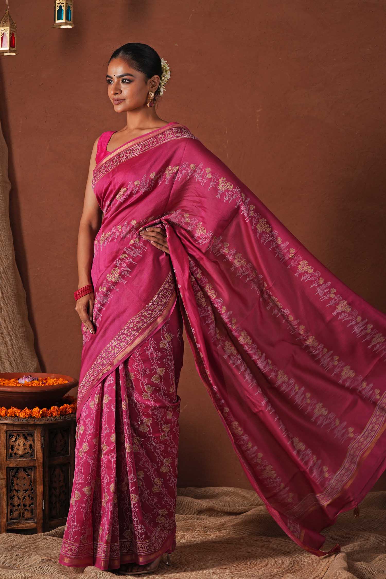 Golden Dawn - Hand Block Printed Chanderi Silk Saree - SootiSyahi