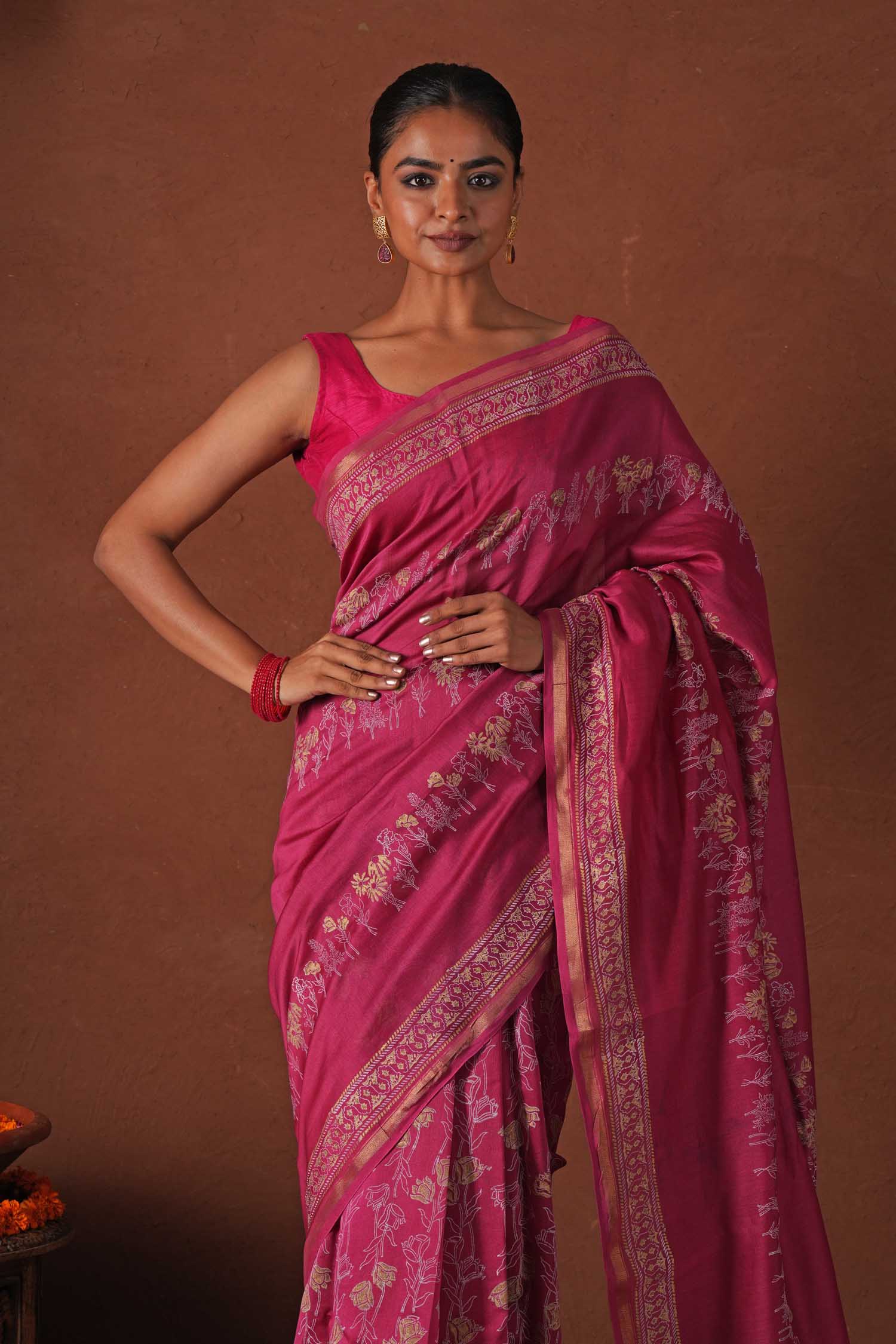 Golden Dawn - Hand Block Printed Chanderi Silk Saree - SootiSyahi