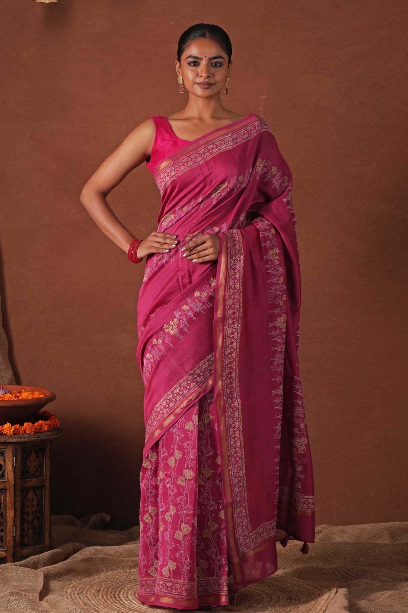 Golden Dawn - Hand Block Printed Chanderi Silk Saree - SootiSyahi