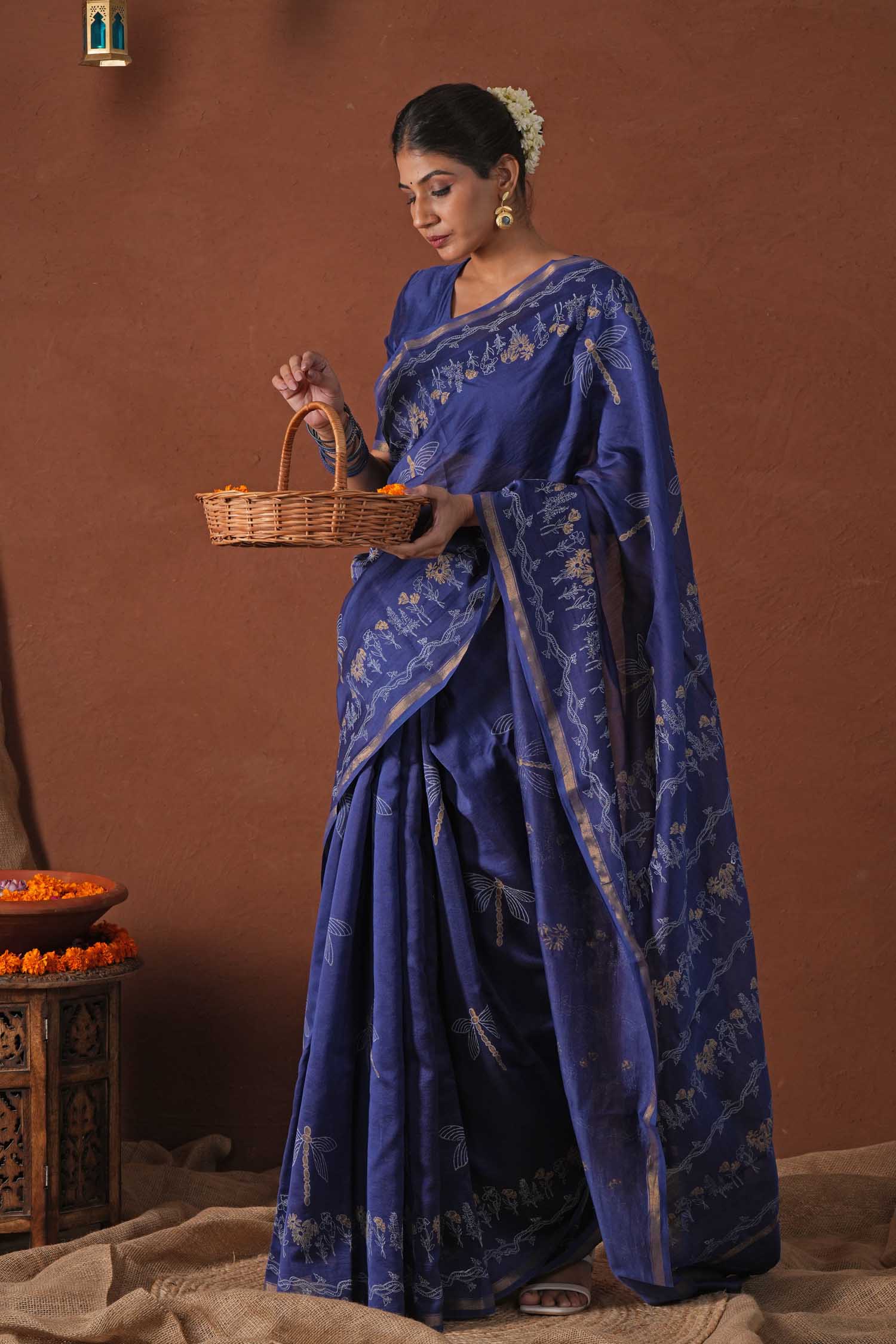 Golden Ocean - Hand Block Printed Chanderi Silk Saree - SootiSyahi