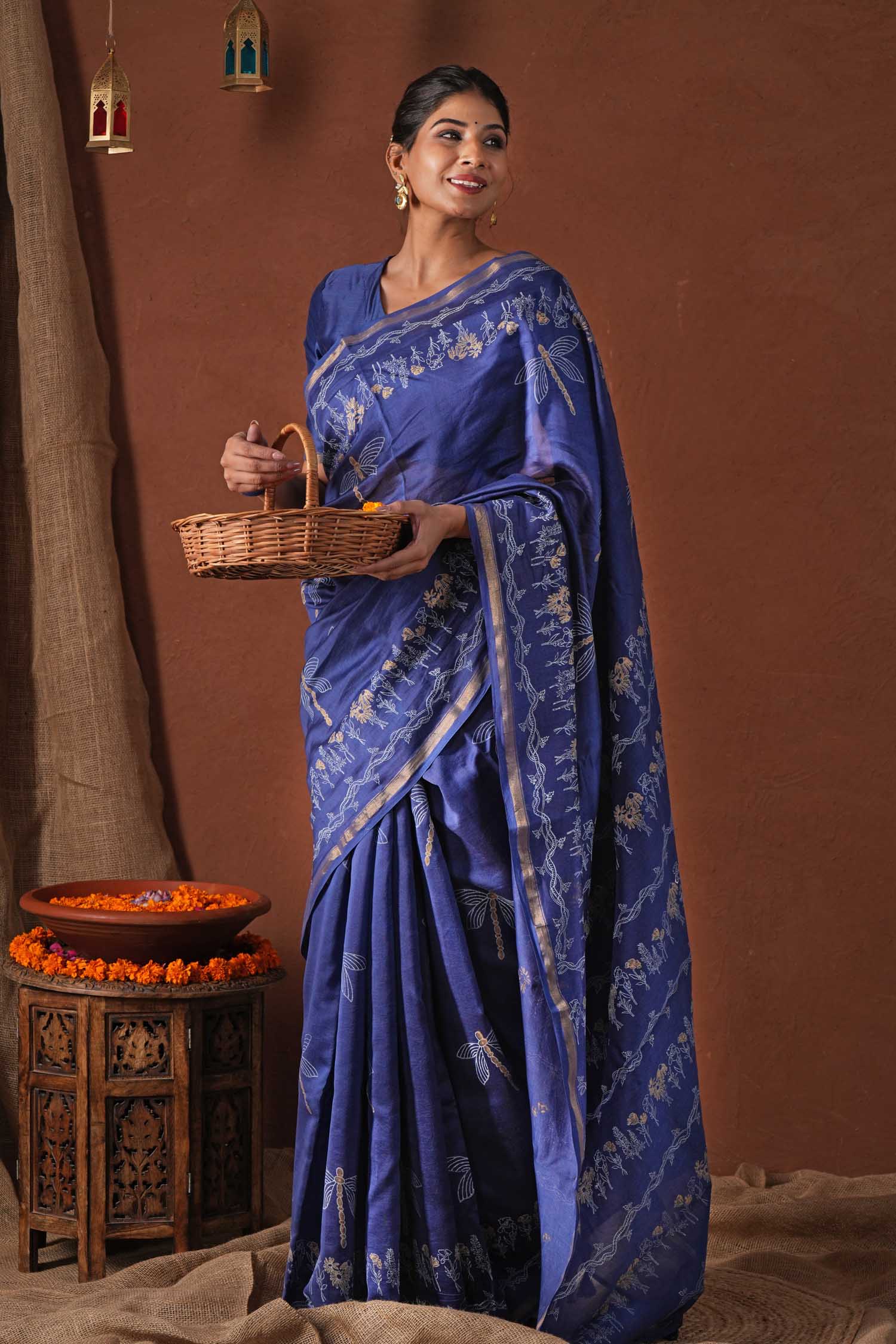 Golden Ocean - Hand Block Printed Chanderi Silk Saree - SootiSyahi