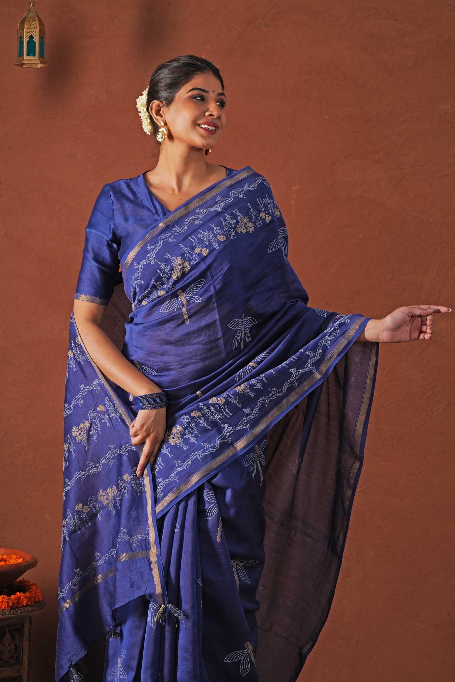 Golden Ocean - Hand Block Printed Chanderi Silk Saree - SootiSyahi