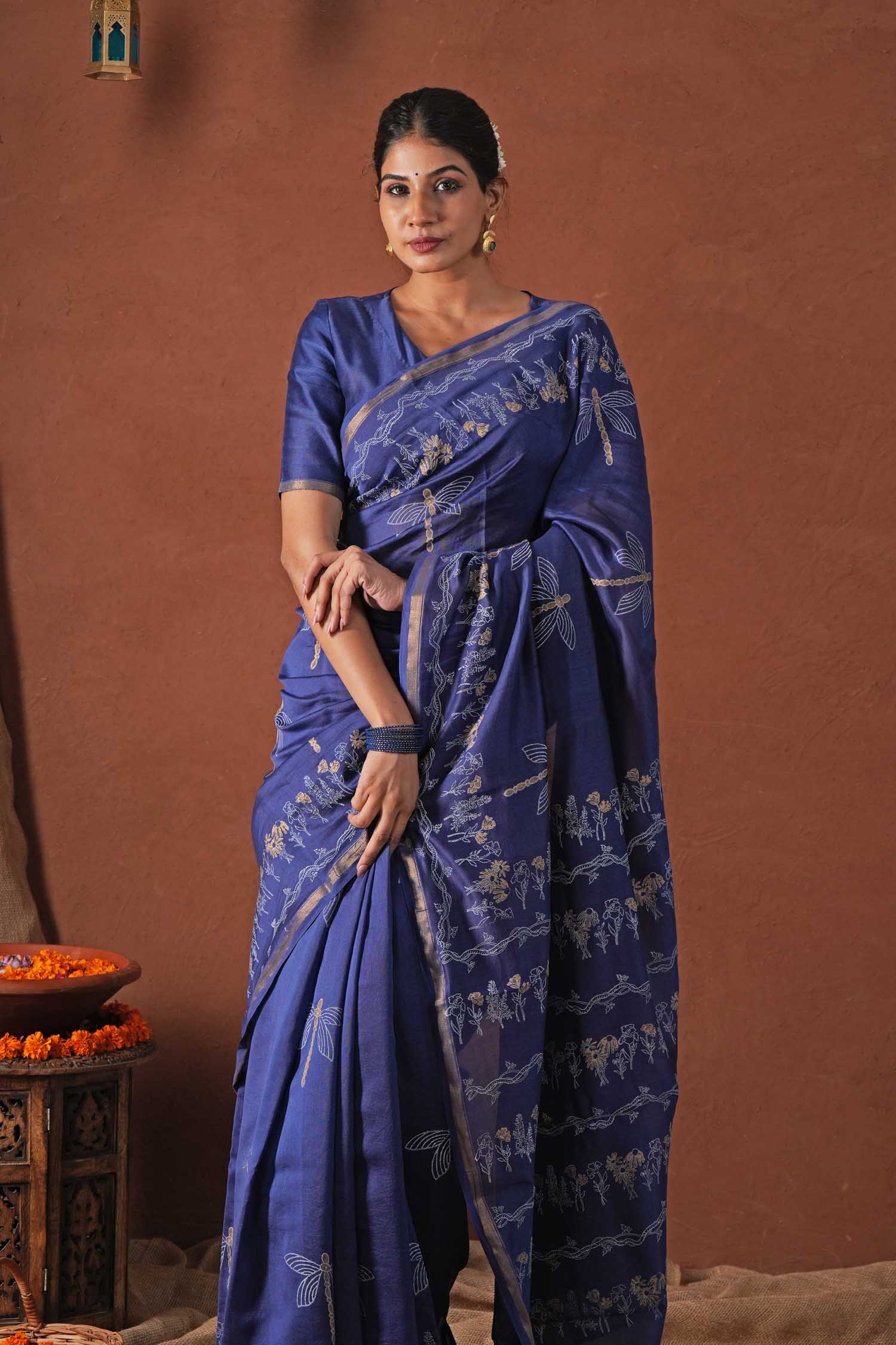 Golden Ocean - Hand Block Printed Chanderi Silk Saree - SootiSyahi