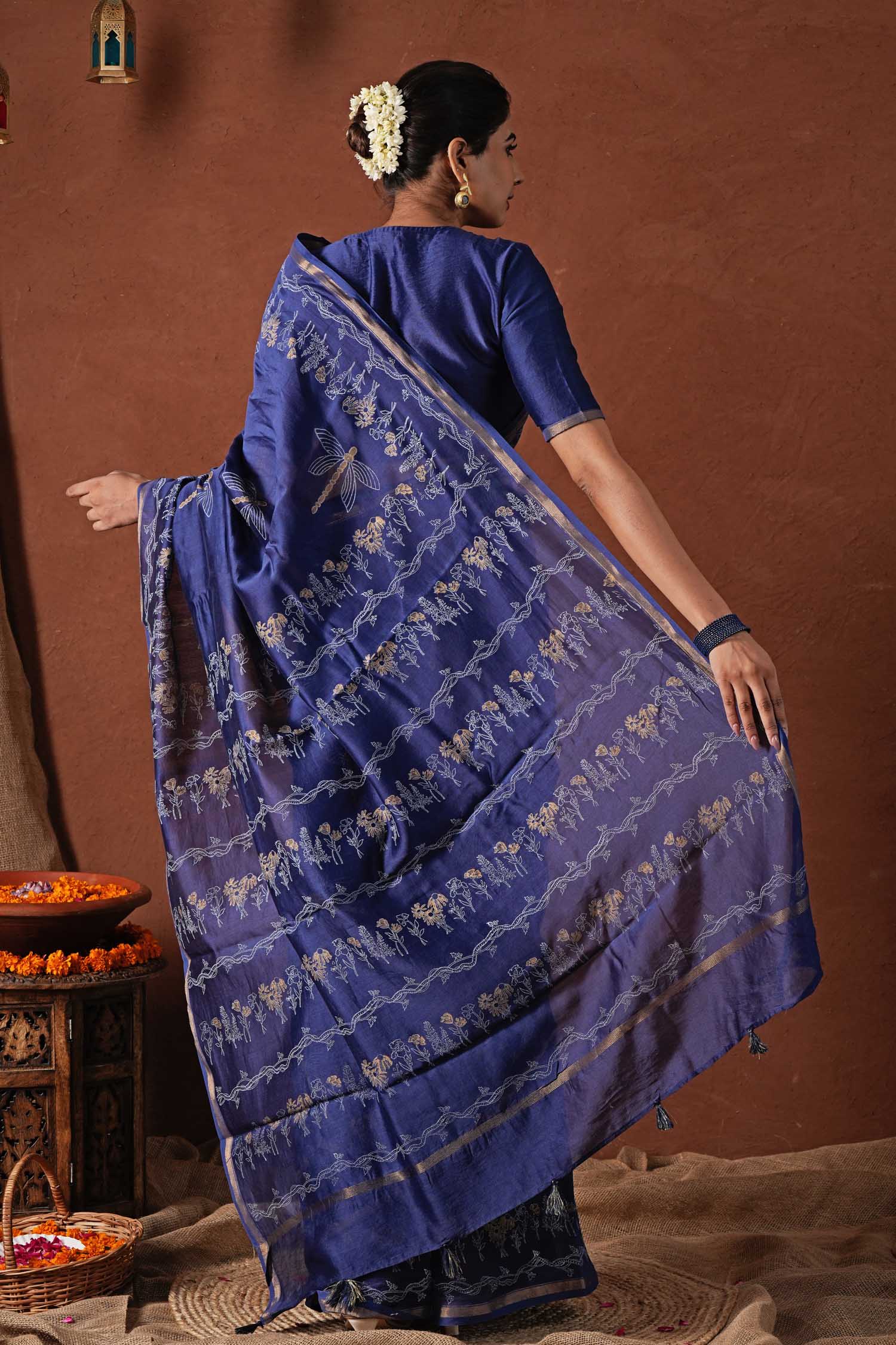 Golden Ocean - Hand Block Printed Chanderi Silk Saree - SootiSyahi