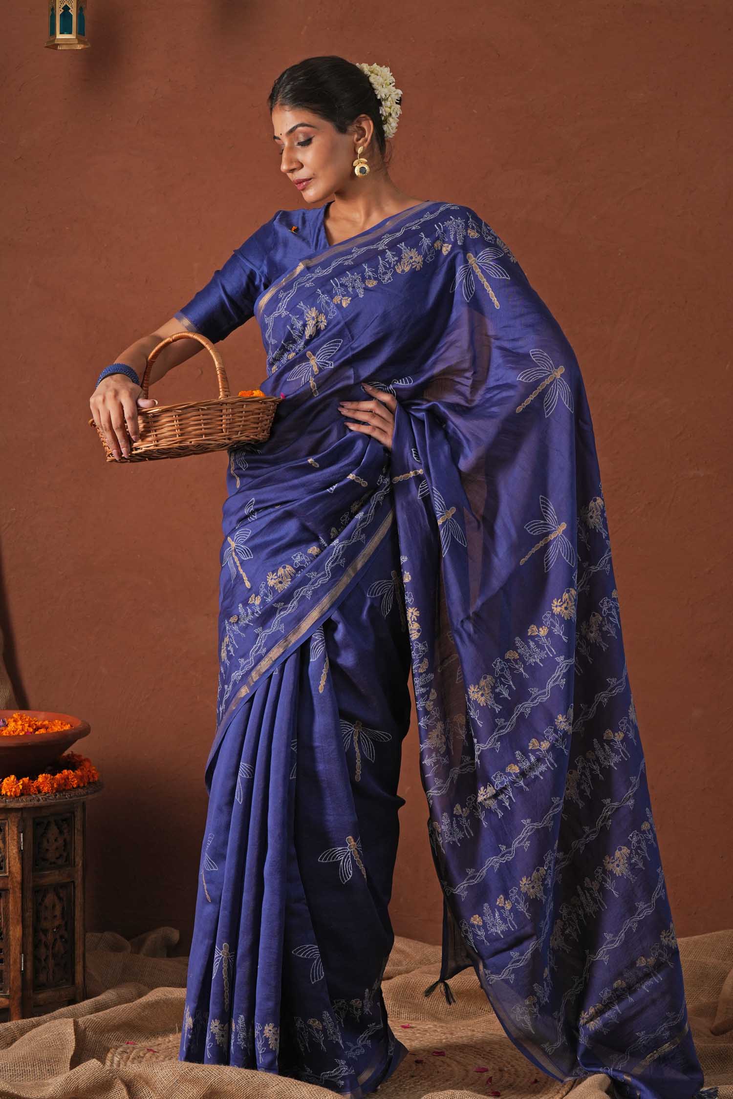 Golden Ocean - Hand Block Printed Chanderi Silk Saree - SootiSyahi