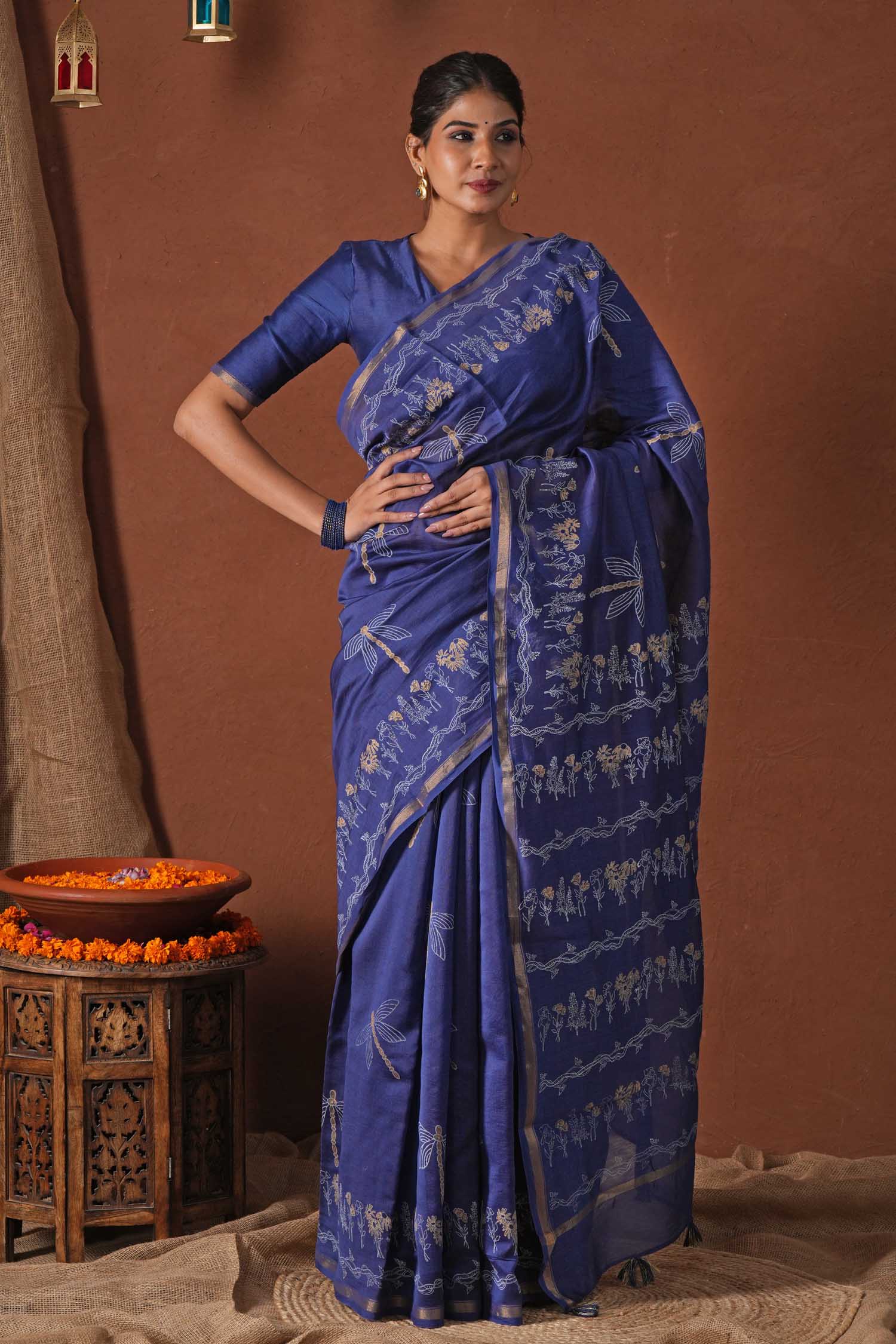 Golden Ocean - Hand Block Printed Chanderi Silk Saree - SootiSyahi