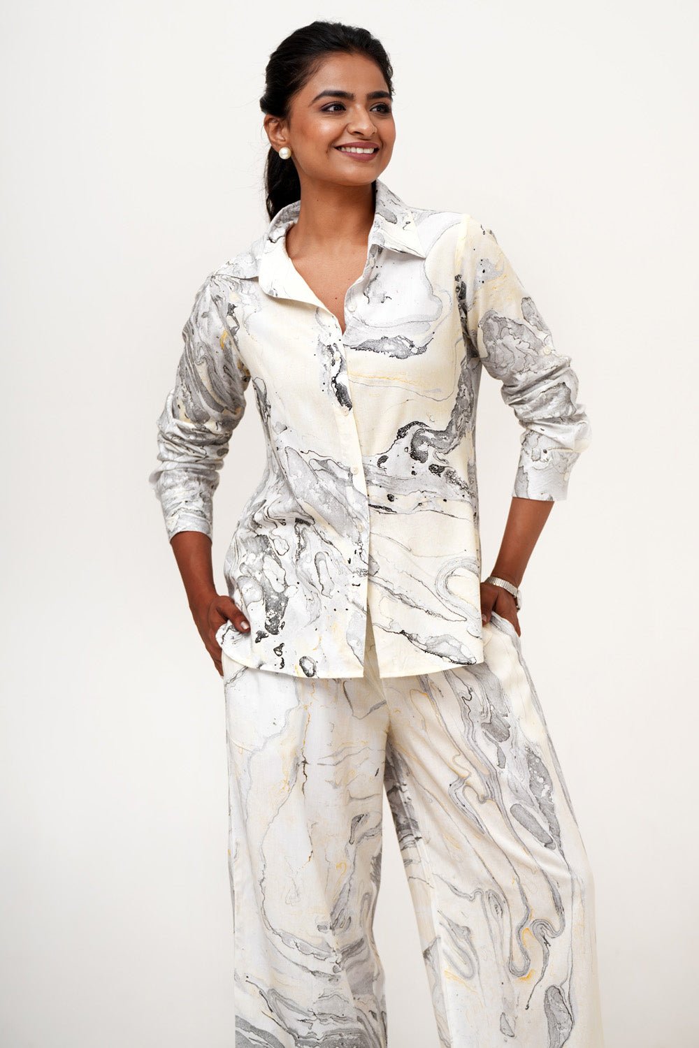 Lunar Marble Hand Marble Printed Modal Silk Co - Ord Set - SootiSyahi