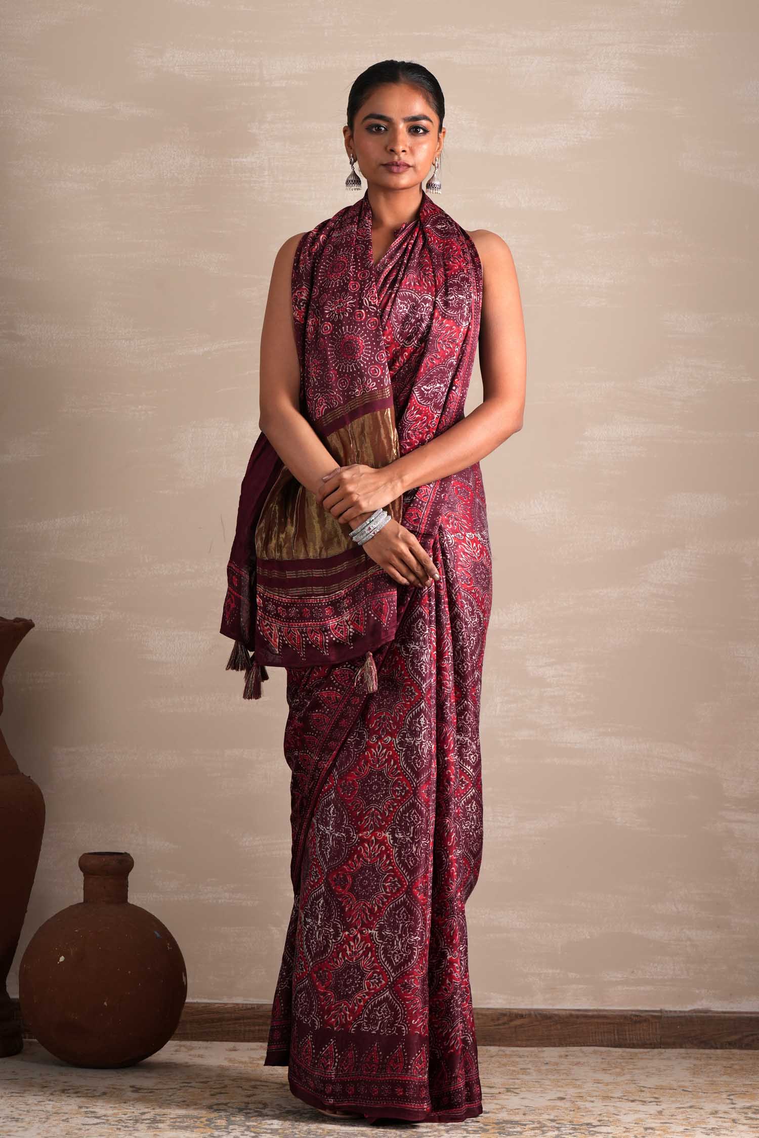 Mahogany Bloom Hand Block Printed Modal Tissue Saree - SootiSyahi