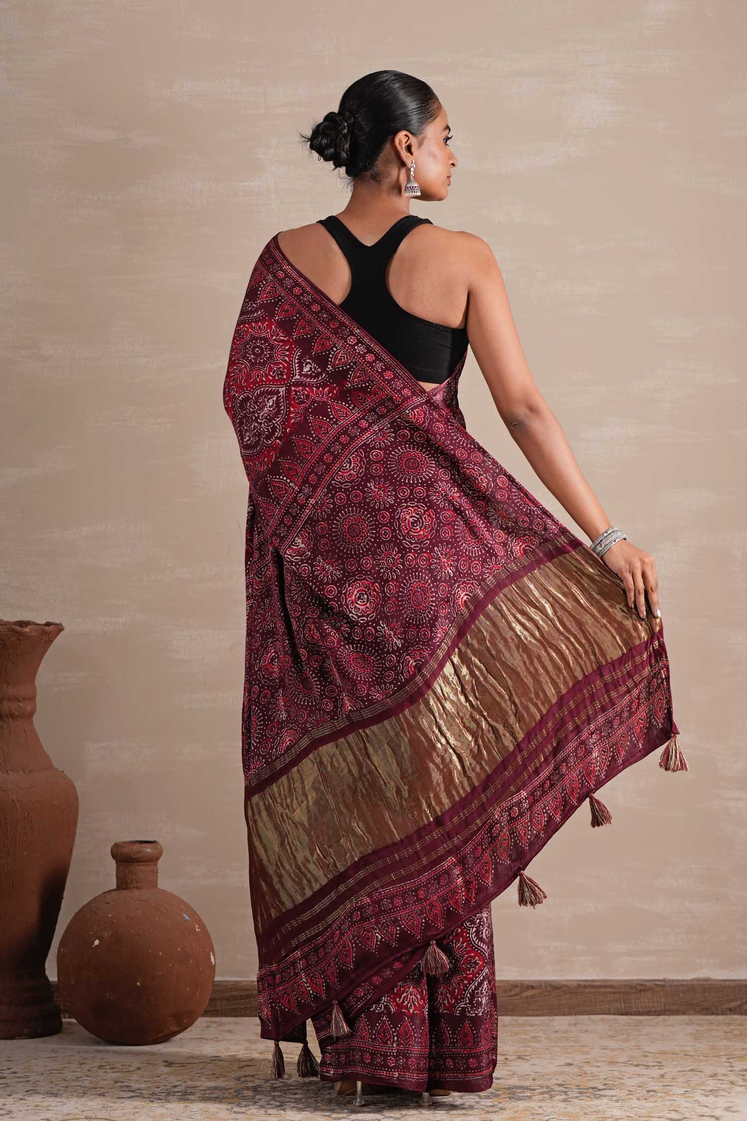 Mahogany Bloom Hand Block Printed Modal Tissue Saree - SootiSyahi