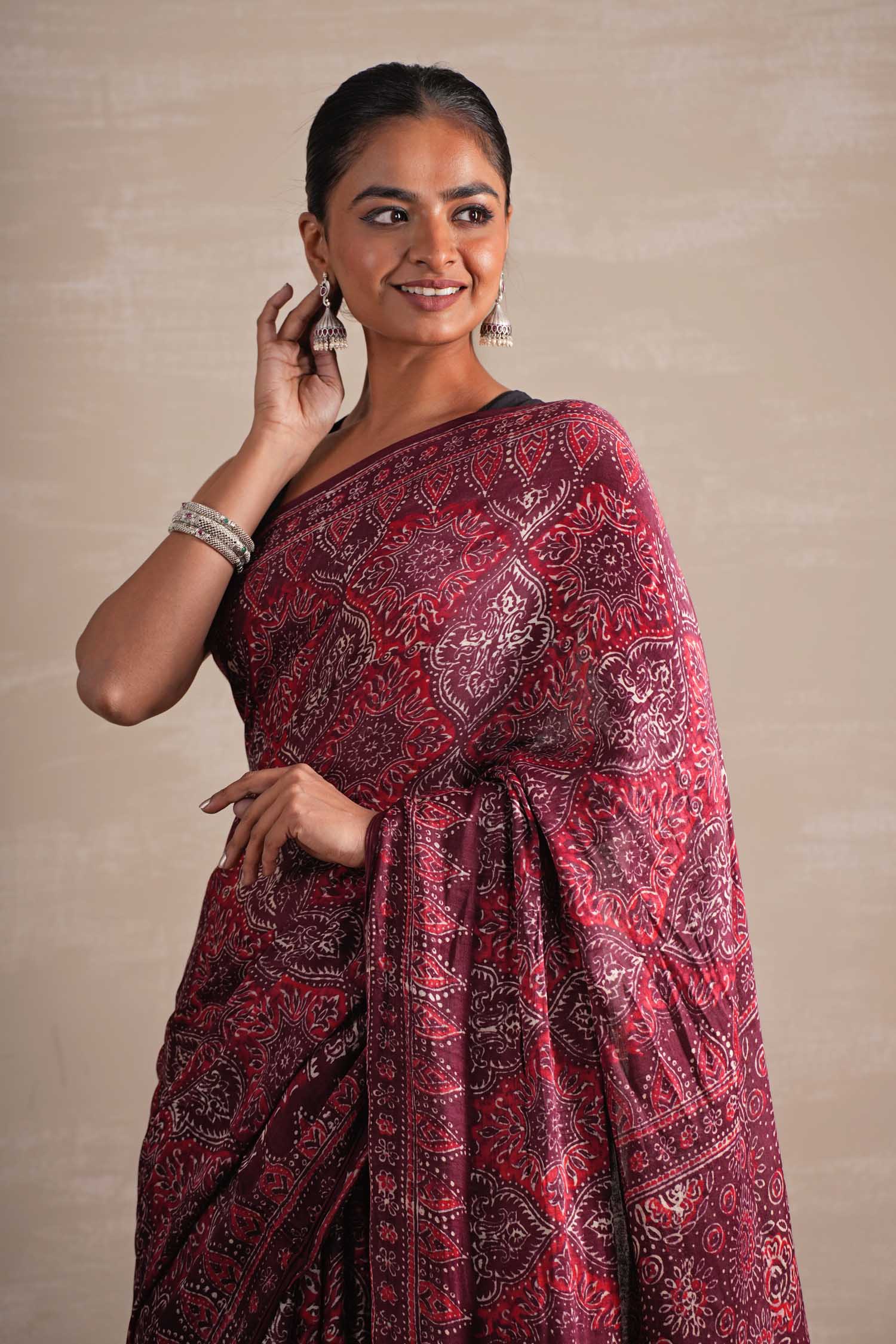 Mahogany Bloom Hand Block Printed Modal Tissue Saree - SootiSyahi