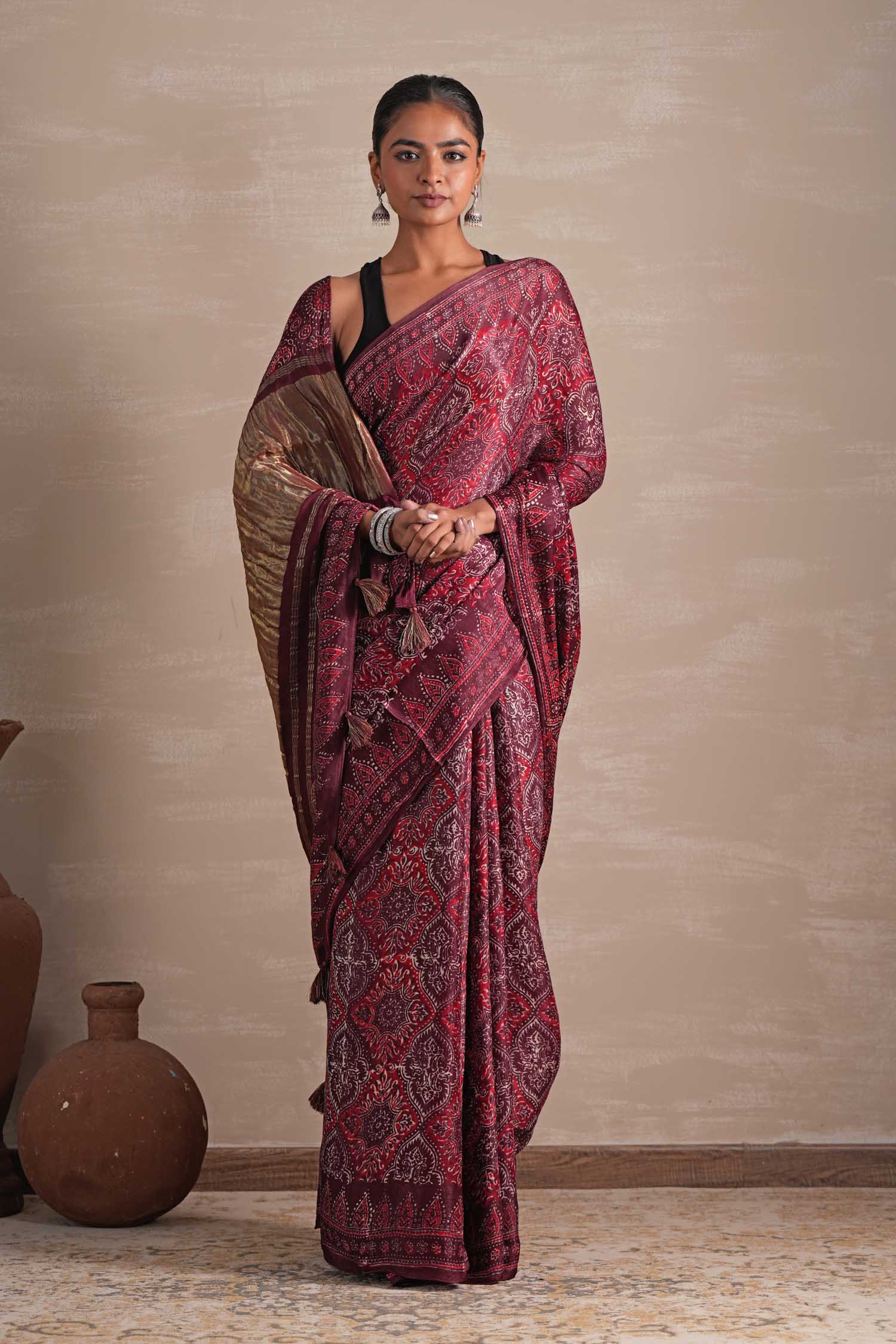 Mahogany Bloom Hand Block Printed Modal Tissue Saree - SootiSyahi