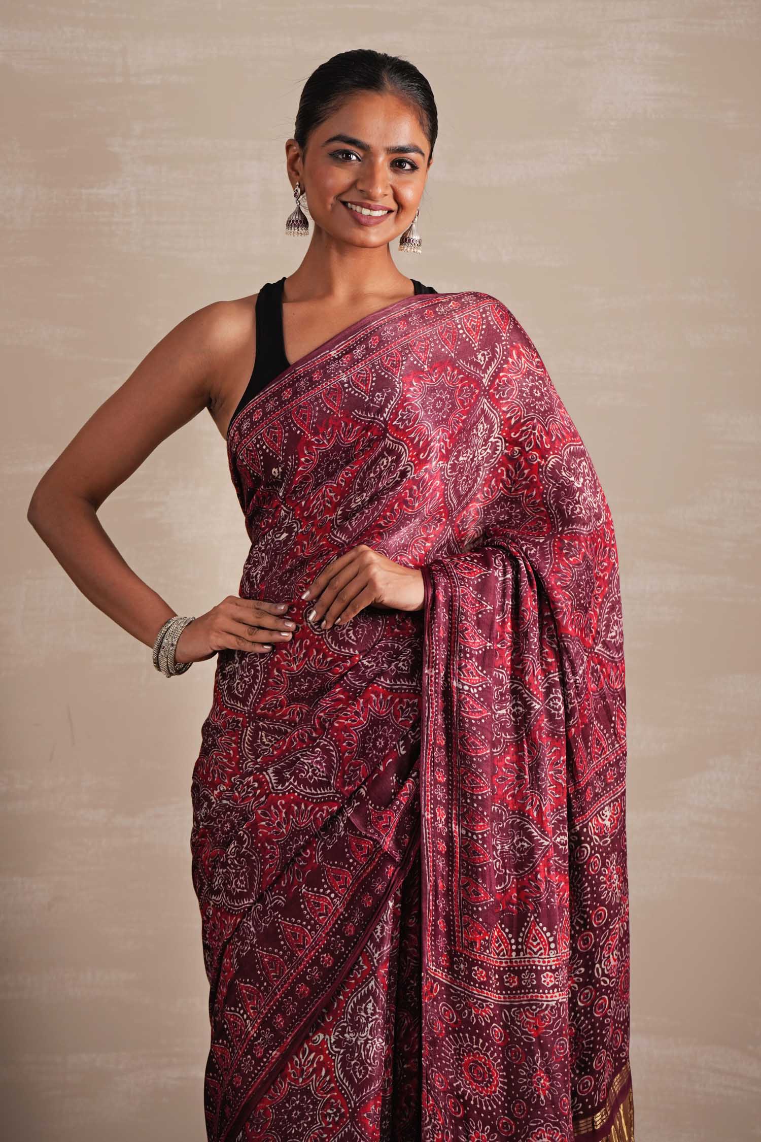 Mahogany Bloom Hand Block Printed Modal Tissue Saree - SootiSyahi