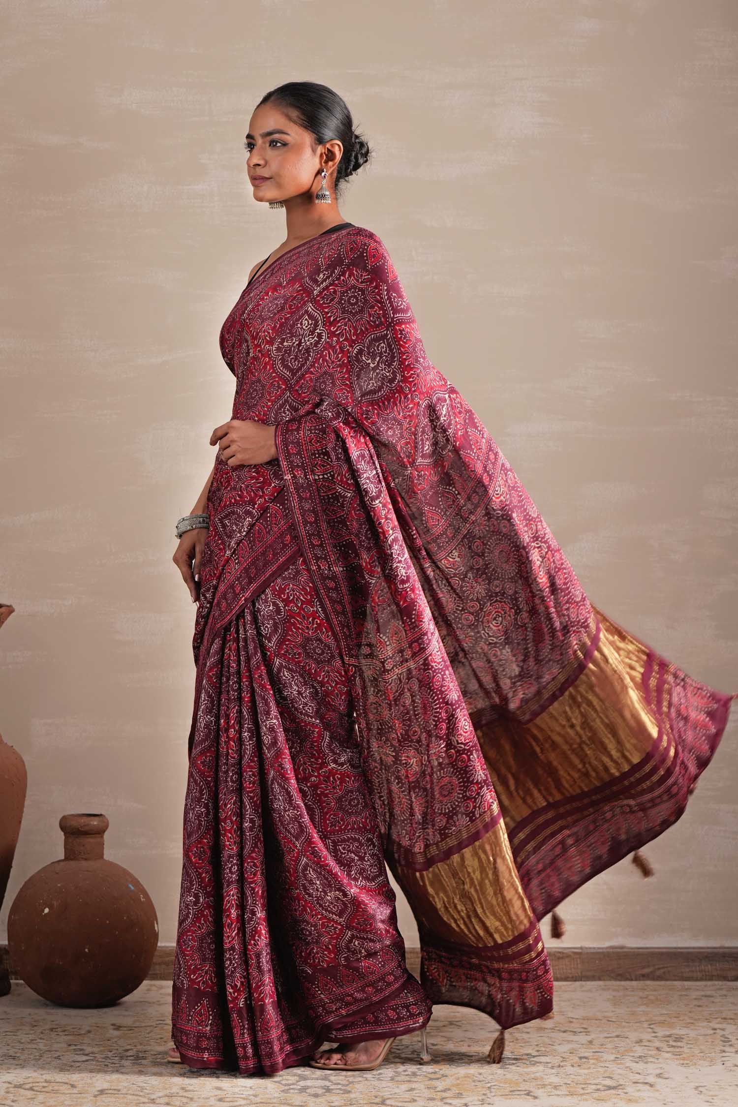 Mahogany Bloom Hand Block Printed Modal Tissue Saree - SootiSyahi