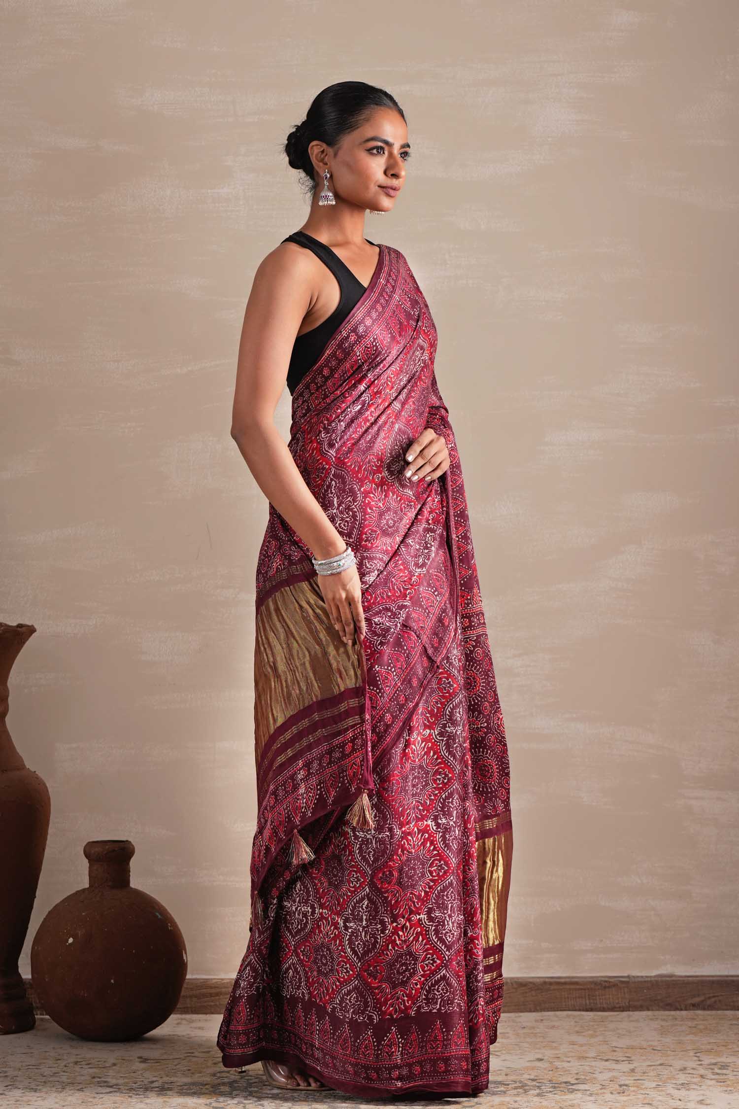 Mahogany Bloom Hand Block Printed Modal Tissue Saree - SootiSyahi