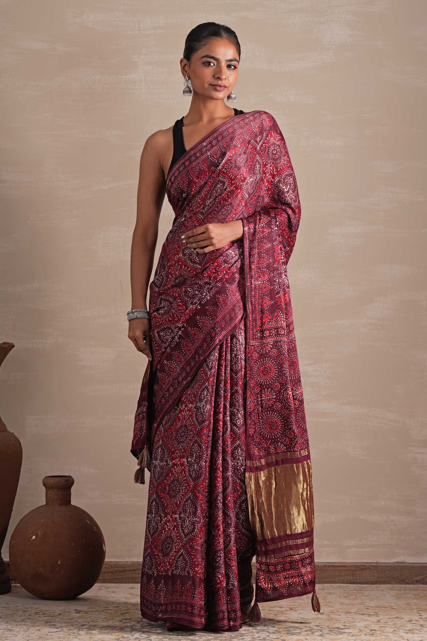 Mahogany Bloom Hand Block Printed Modal Tissue Saree - SootiSyahi