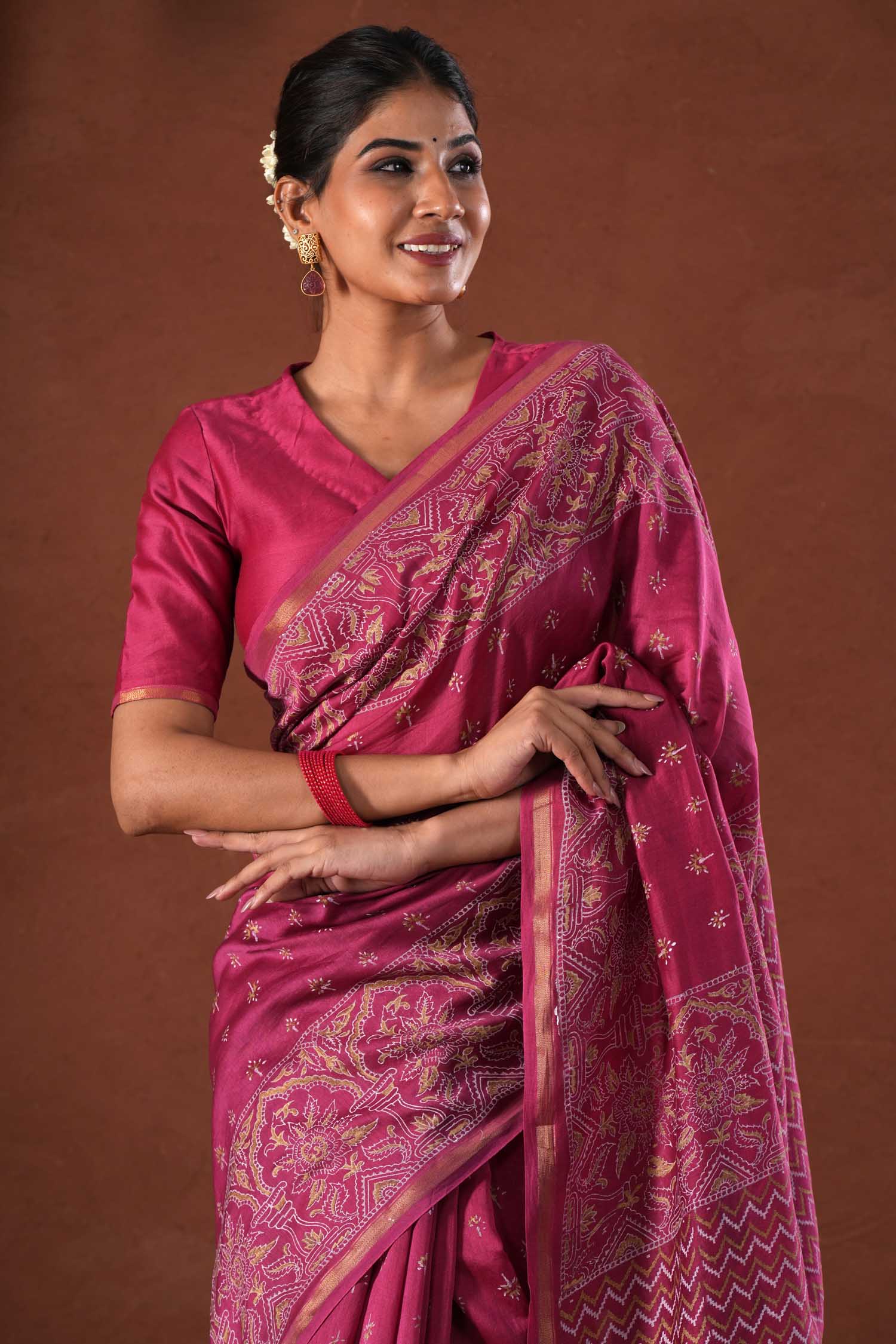 Majestic Golden - Hand Block Printed Chanderi Silk Saree - SootiSyahi