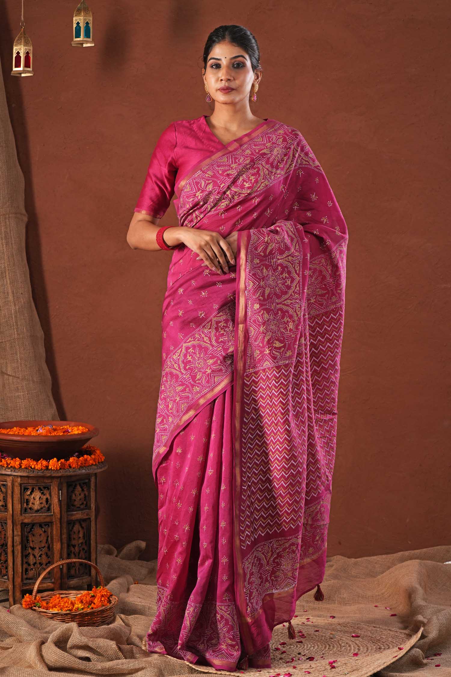 Majestic Golden - Hand Block Printed Chanderi Silk Saree - SootiSyahi